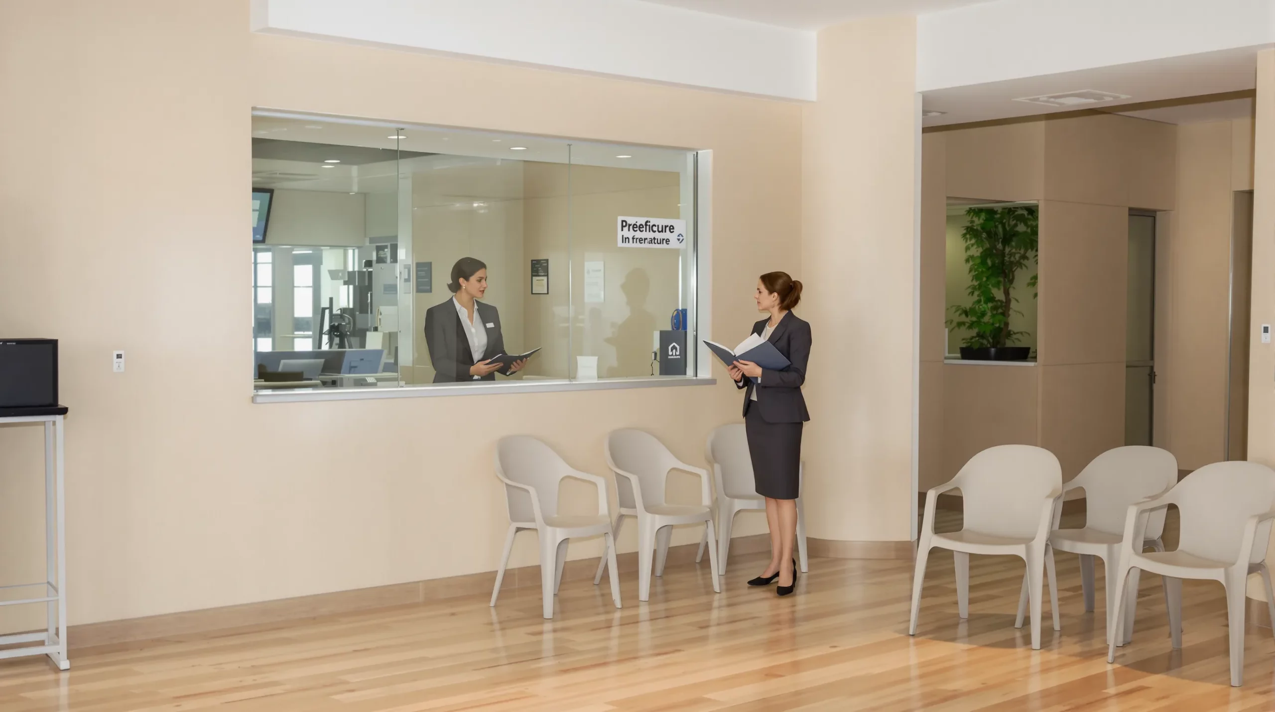 A calm interior of a French prefecture waiting room. A woman holding a folder with official documents is speaking with an immigration officer behind a Plexiglas window. Both wear neutral expressions.