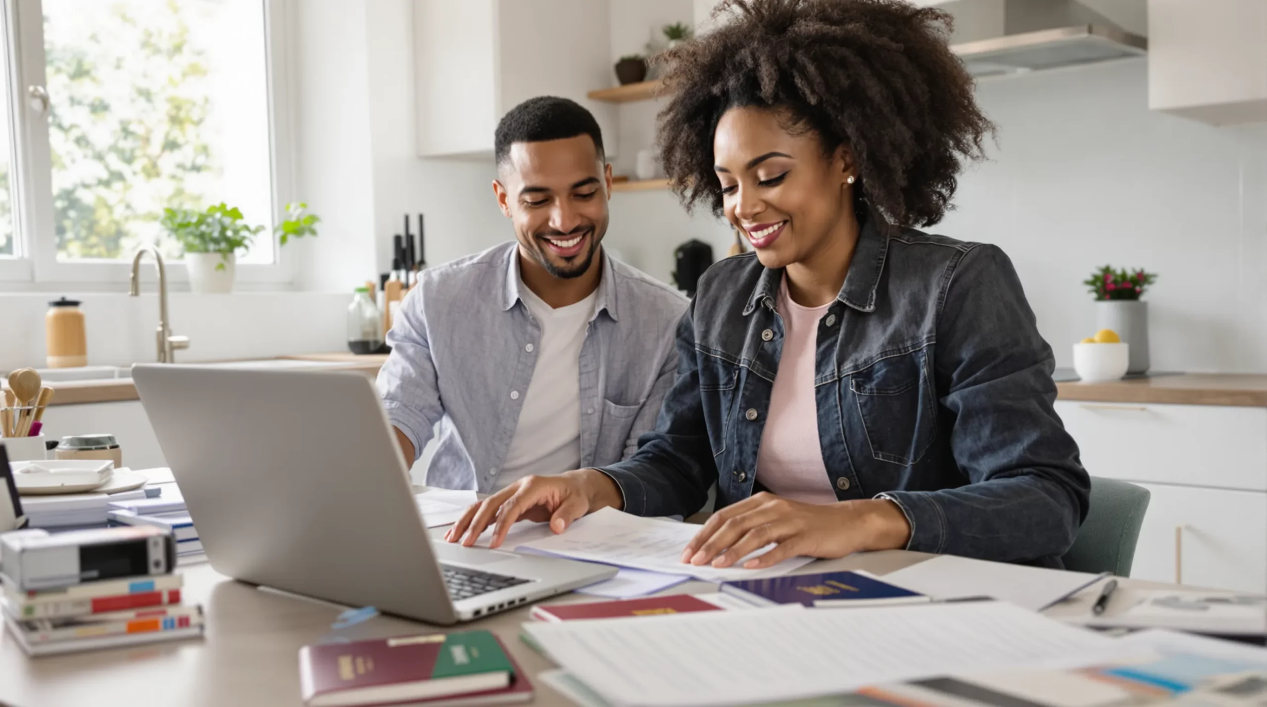 A diverse couple reviews French administrative forms at a kitchen table scattered with passports, birth certificates, and a laptop showing the ImmiFrance website, symbolizing the VPF application process made simple.