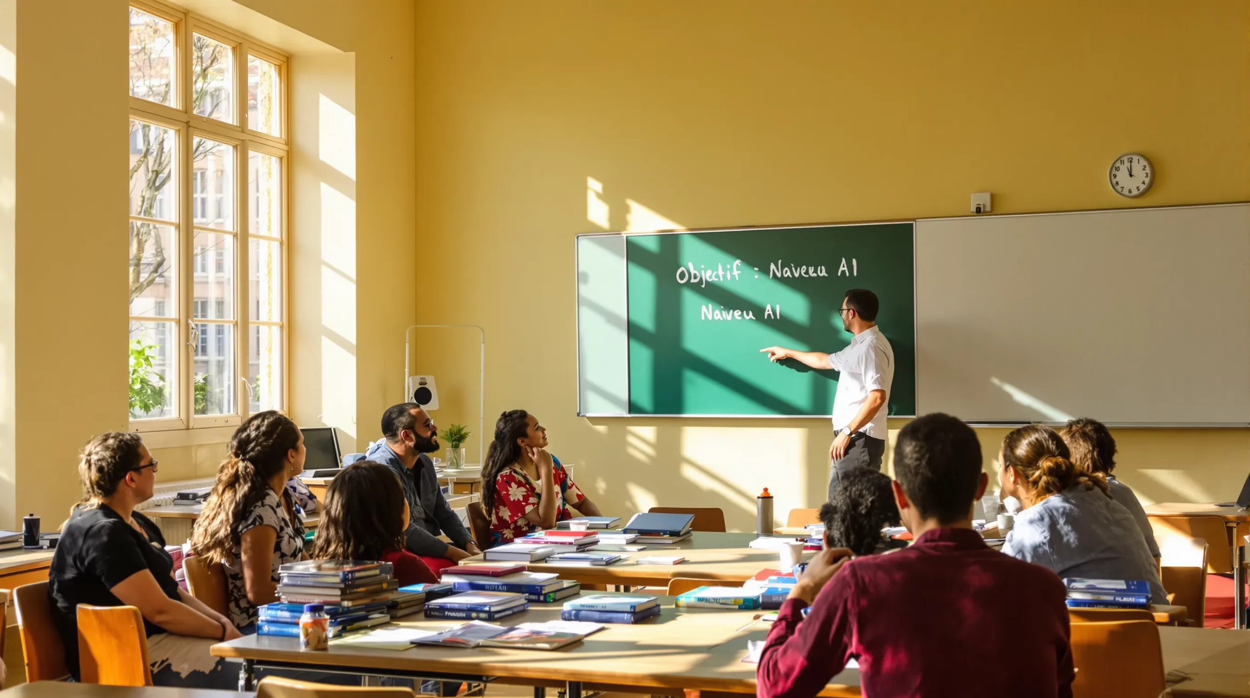 A diverse group of recent immigrants sit around a classroom table covered with French language textbooks, looking toward an instructor who points to a chalkboard that reads “Objectif : Niveau A1.” Sunlight streams through tall windows of a typical French municipal building.