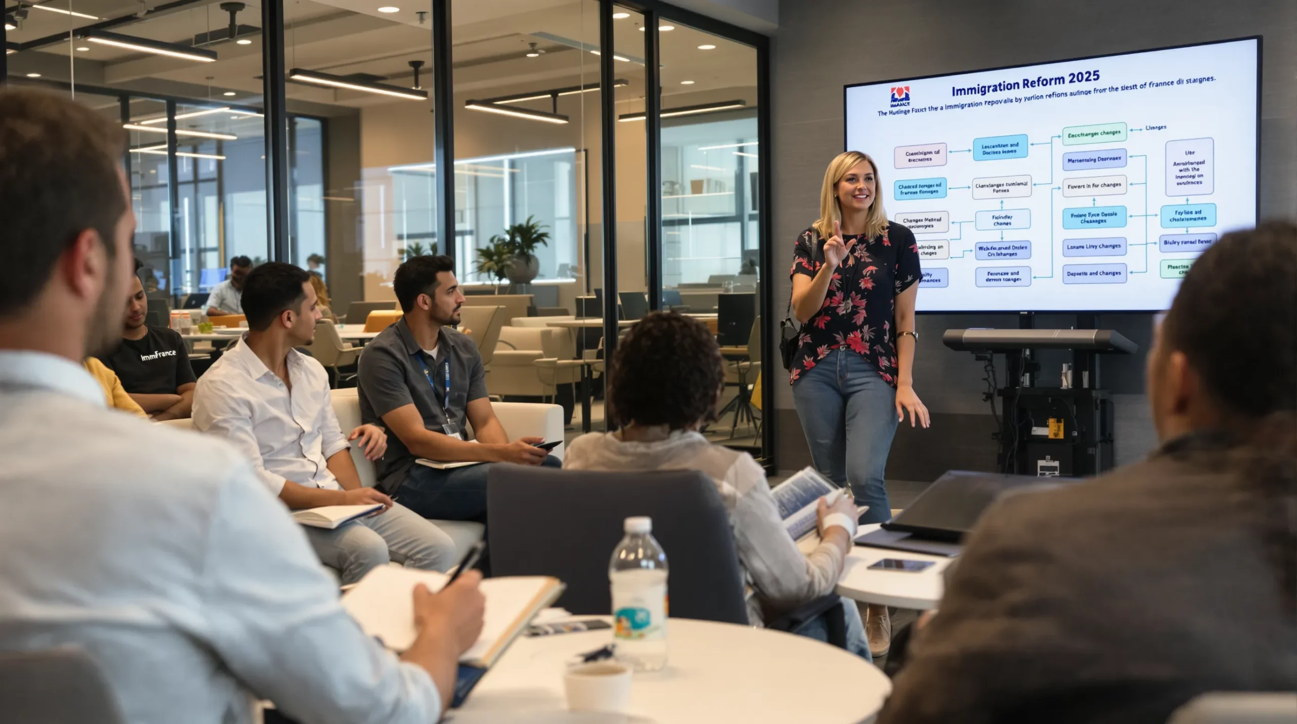 A diverse group of recent immigrants sitting in a modern coworking space in Paris, looking at a large screen displaying 