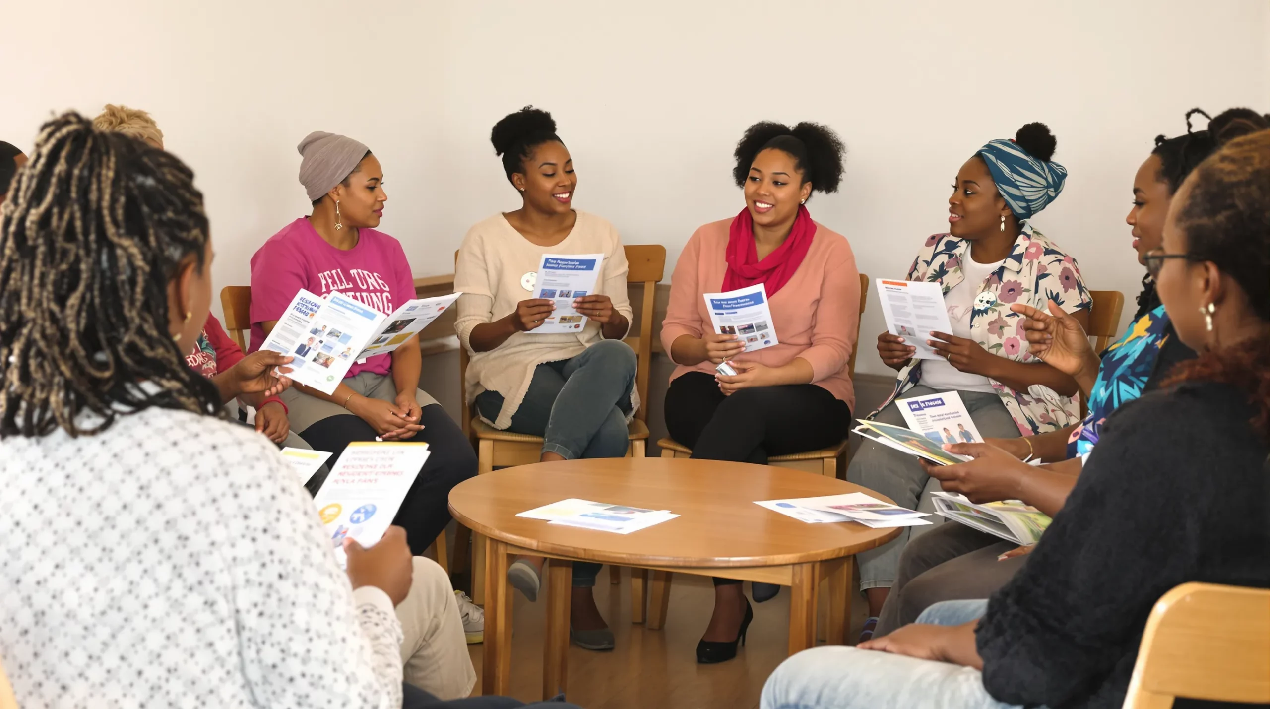 A diverse support group of immigrant women seated in a circle at a community centre in Paris, sharing experiences and holding informational brochures about residence permits.