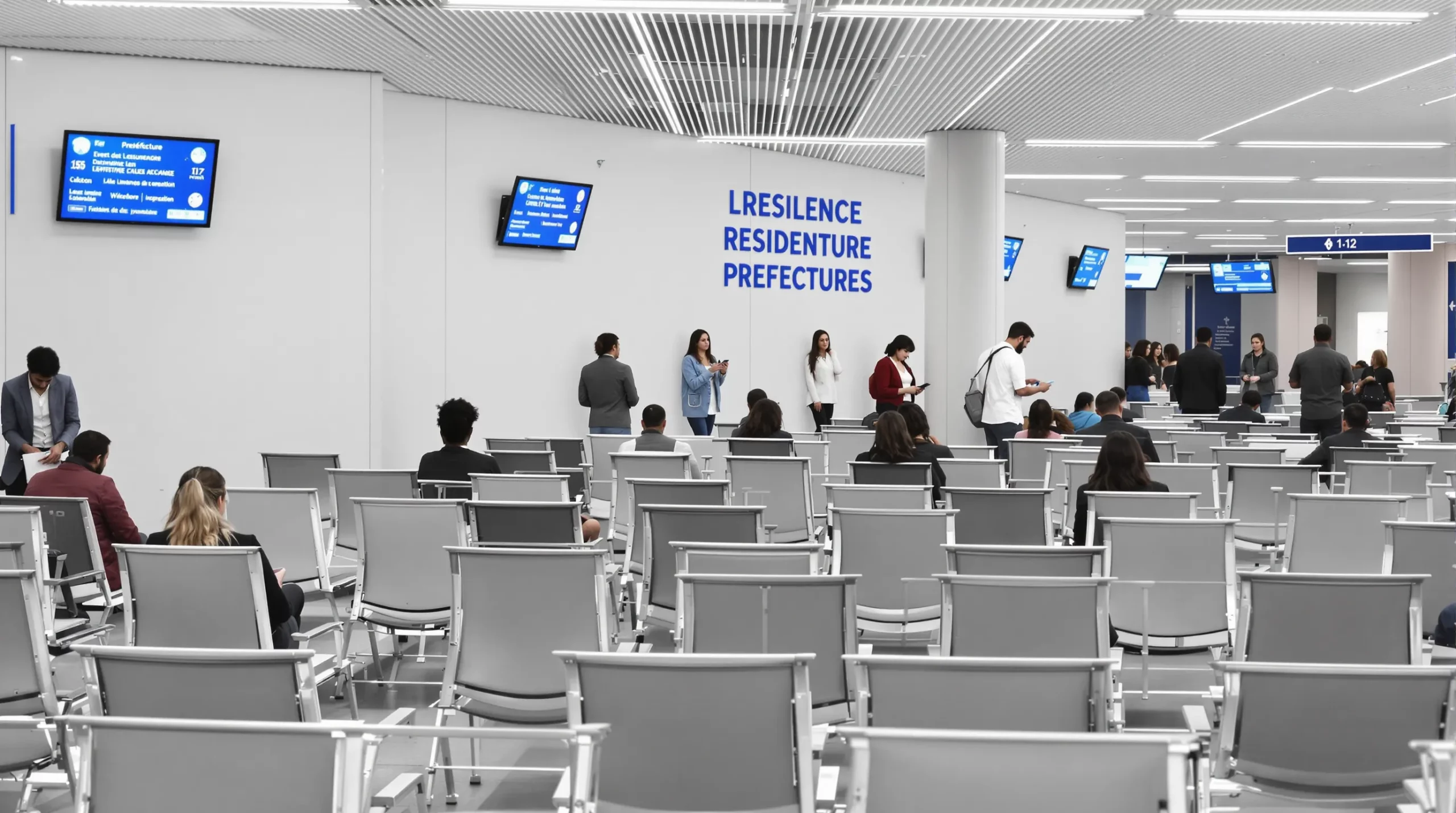 A modern French prefecture waiting area with digital ticket screens and applicants of different backgrounds waiting for residence permit services, emphasizing the official environment applicants will experience.