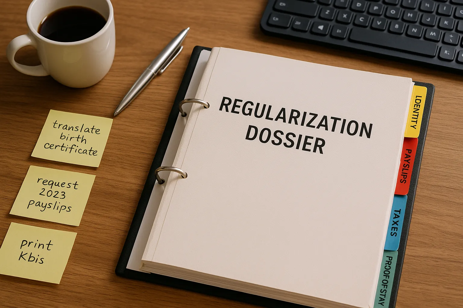 A neat wooden desk with a labeled binder reading “Regularization Dossier”; inside, color-coded dividers separate sections for identity, payslips, taxes, and proof of stay. Sticky notes list tasks: “translate birth certificate”, “request 2023 payslips”, “print KBIS”.