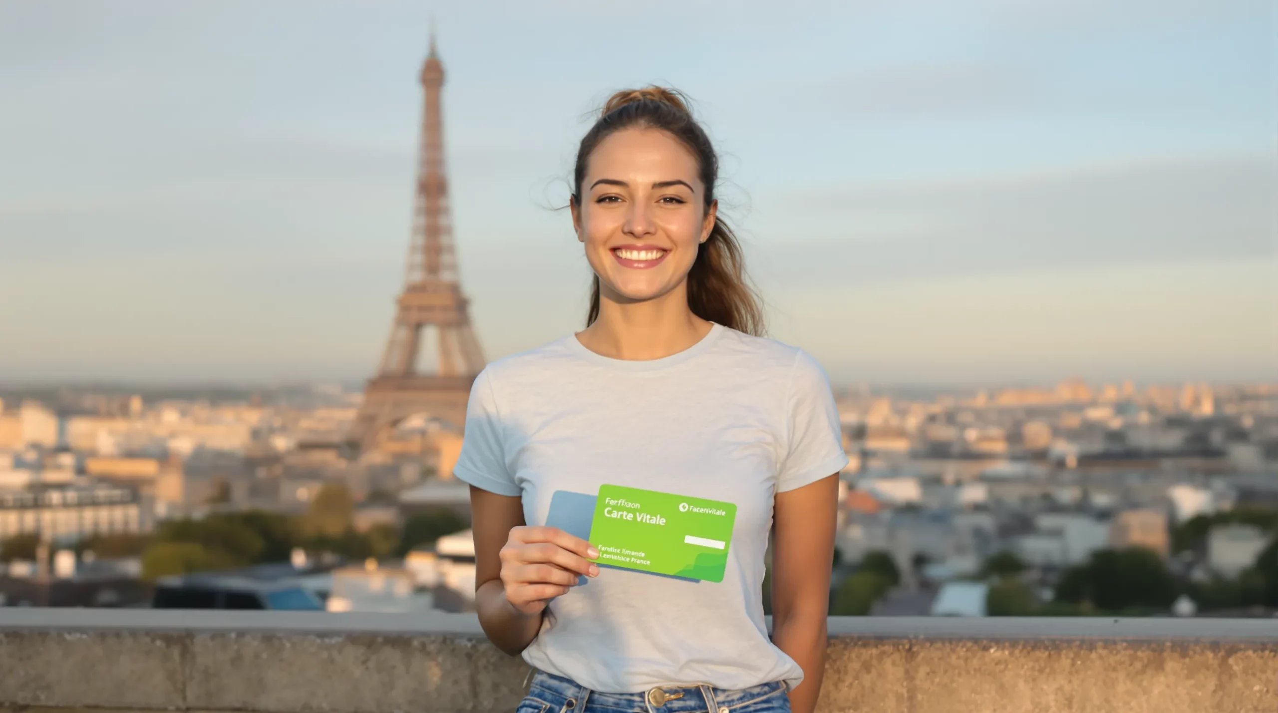 A smiling young woman holds a green French Carte Vitale card in front of a Paris skyline. She wears casual clothing and looks relieved, symbolising successful registration with the French health system.