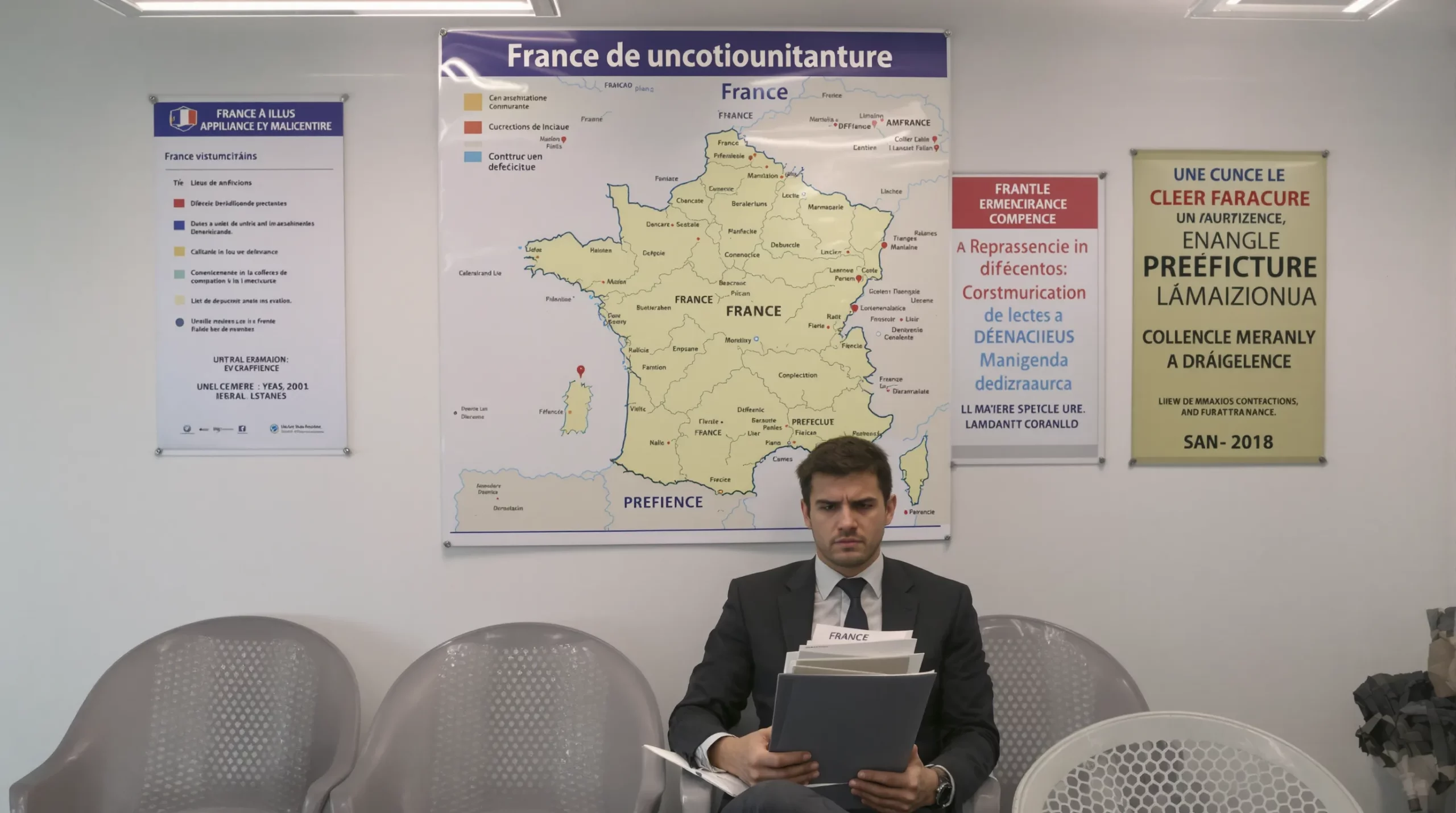 A worried applicant sits in the waiting area of a French prefecture, holding a neatly labeled dossier; a back wall map of France and multilingual administrative posters set the scene.