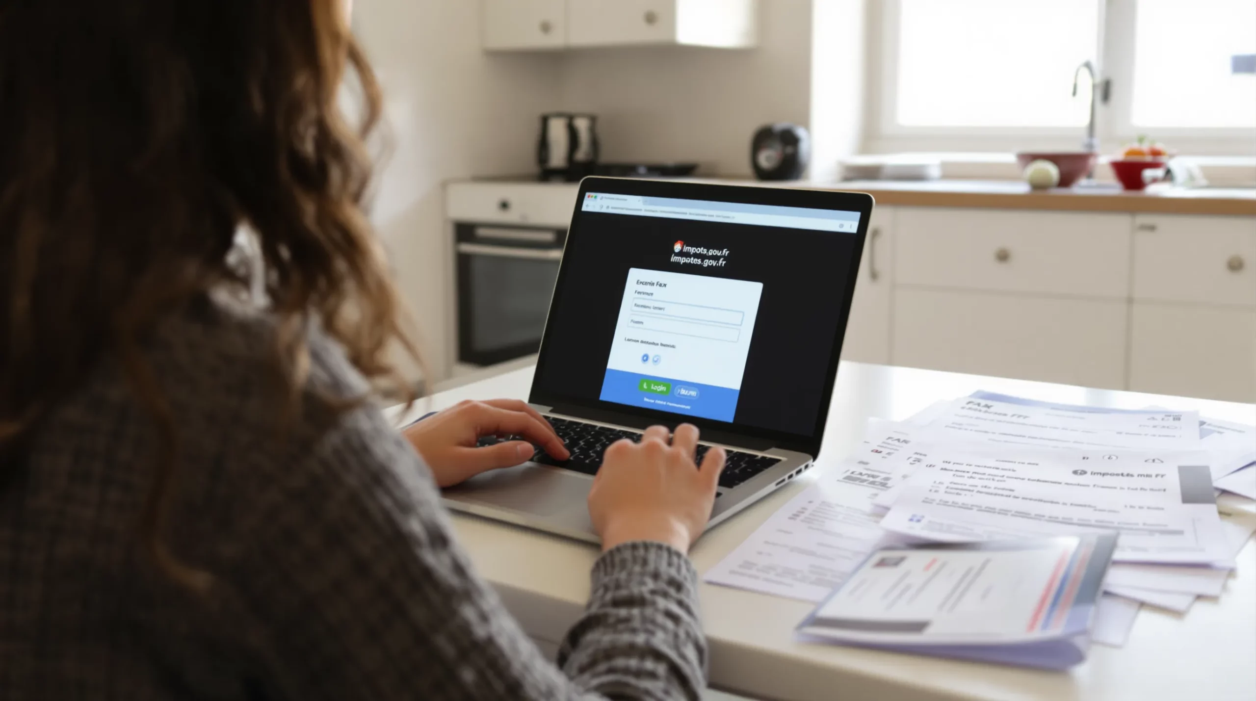 A young international student types on a laptop at a bright kitchen table covered with French tax forms, her residence permit beside the computer. The screen shows the impots.gouv.fr login page in French.