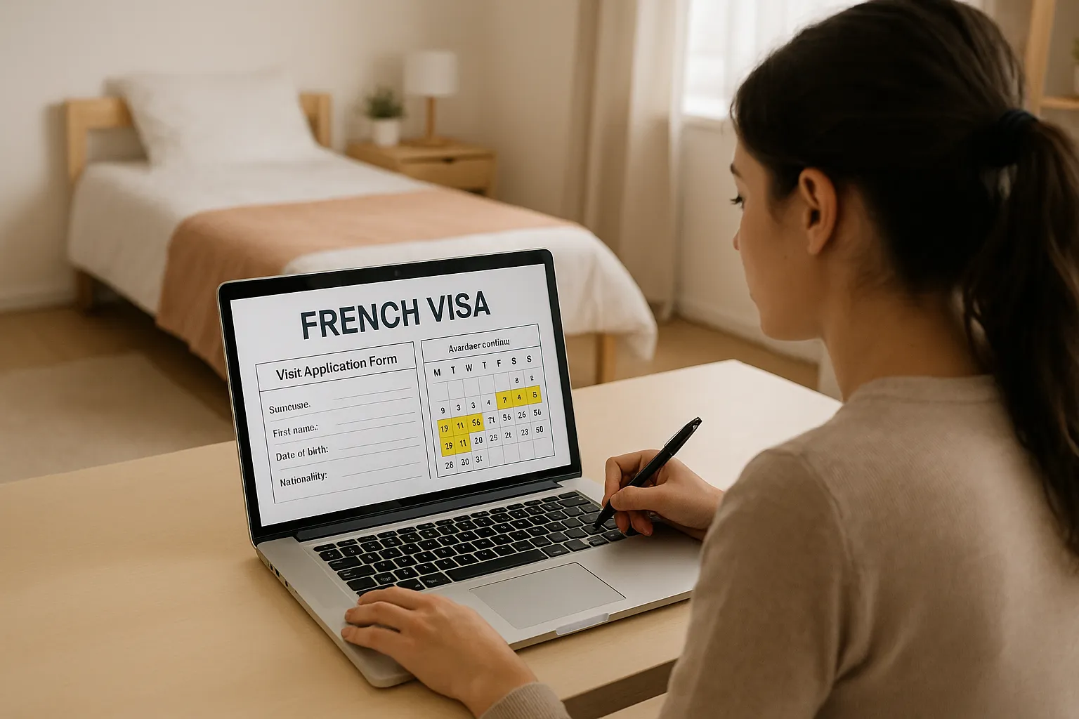 A young woman sitting at a desk in front of her laptop fills out a French visa form online while a calendar with highlighted available appointment dates is displayed on the screen. The background shows a tidy bedroom typical of an au pair living arrangement in France.