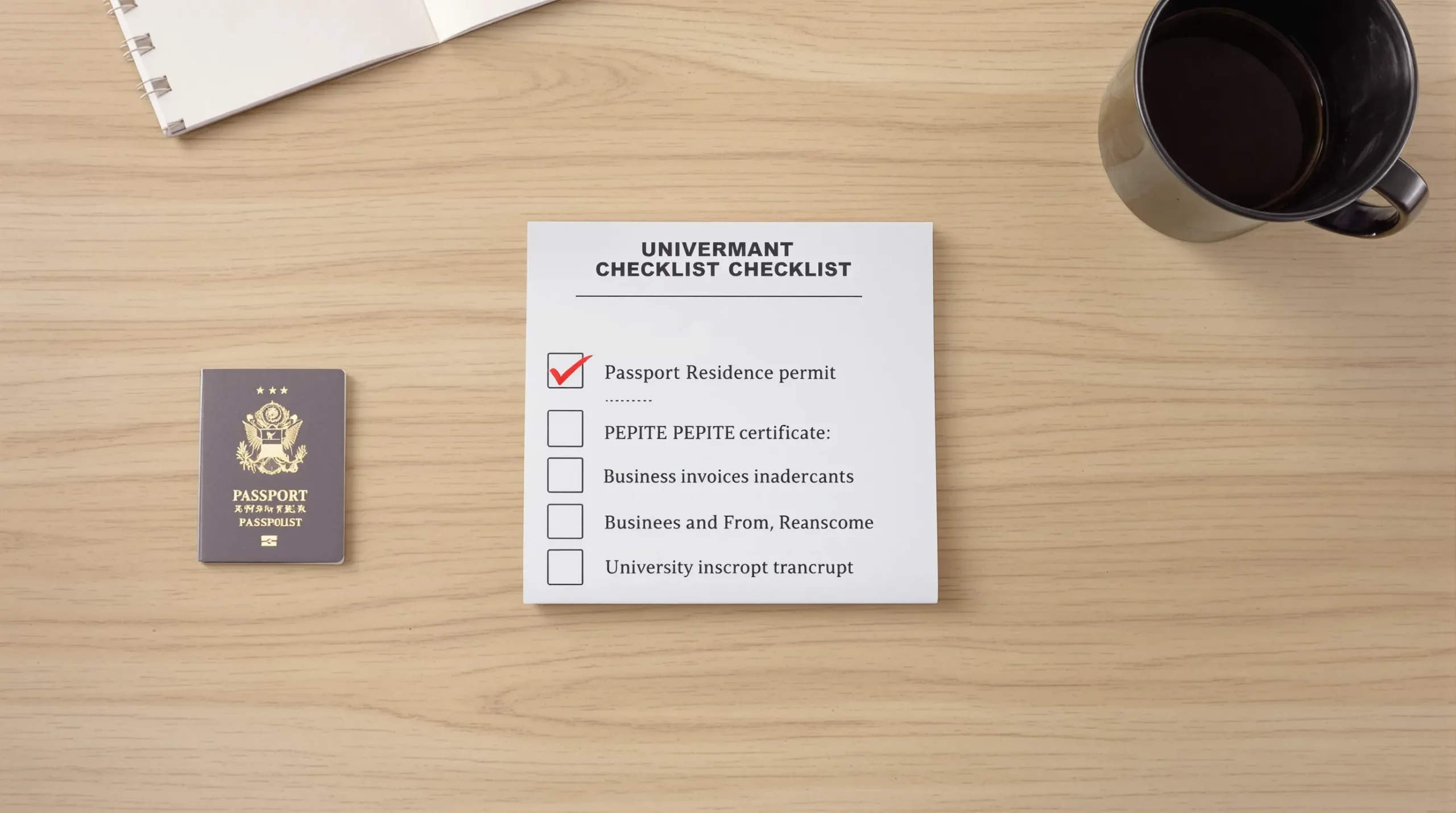 An illustrated checklist showing documents required for student visa renewal: passport, residence permit, PEPITE certificate, business invoices, and university transcript, laid out on a desk with a cup of coffee.
