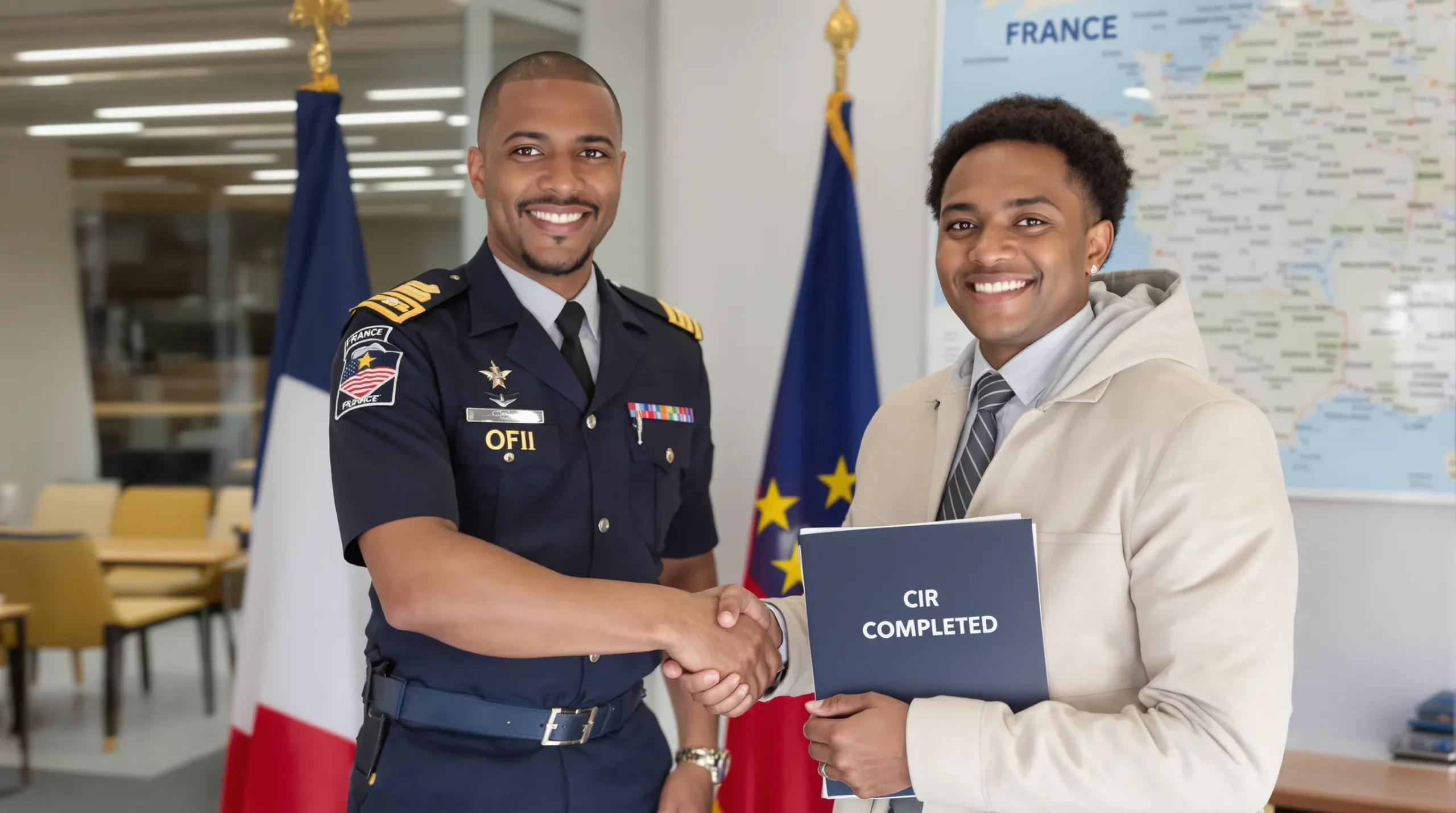 An OFII officer shakes hands with a smiling immigrant holding a folder labeled “CIR Completed” in front of a French flag and a wall map of France.