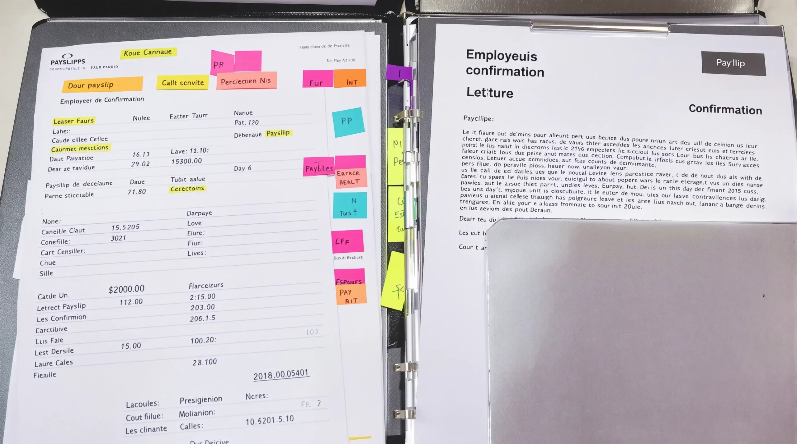 Close-up of a neatly organized dossier with eight French payslips laid out chronologically, each annotated with colored sticky tabs, next to a stapled employer confirmation letter on company letterhead.
