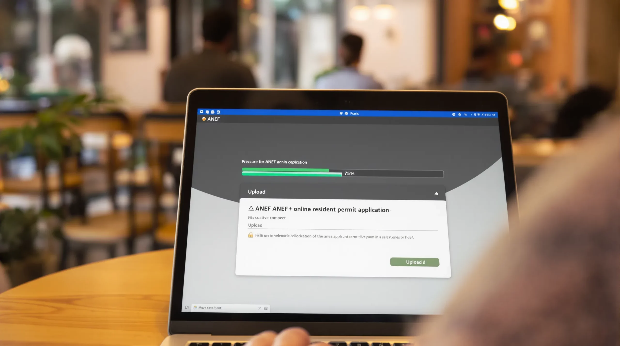 Close-up of a person using a laptop in a Parisian café, filling in the ANEF online residence-permit application. The screen shows a progress bar at 75 percent and a digital upload dialog box.
