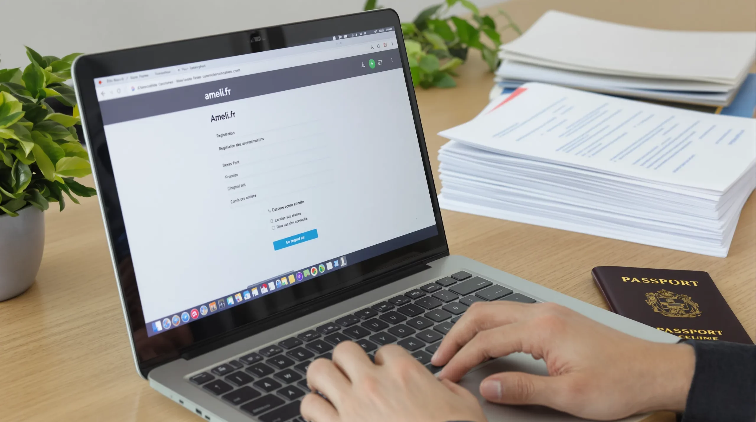 Close-up of hands typing on a laptop displaying the Ameli.fr registration page, surrounded by French administrative forms and a passport.