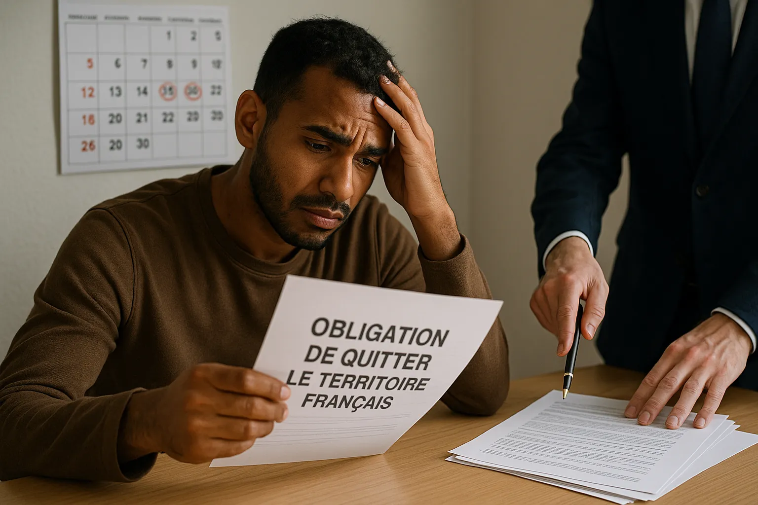 Illustration of a worried migrant reading an official French letter with the bold words “Obligation de Quitter le Territoire Français”, while a calendar shows tight deadlines and a lawyer points at legal documents, symbolizing urgency and legal assistance.