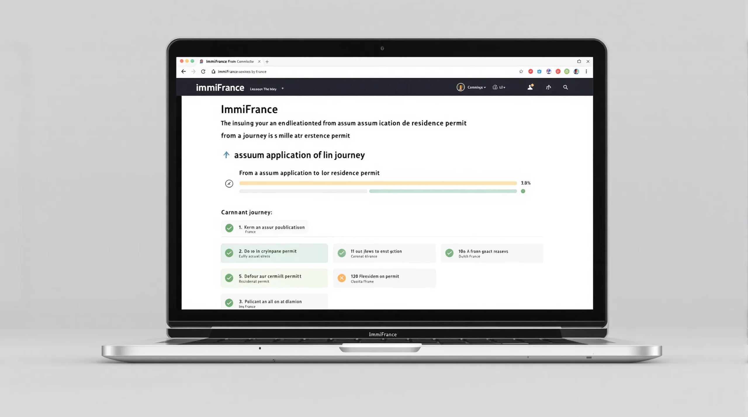 Illustration of the ImmiFrance web dashboard on a laptop screen, showing a progress bar from asylum application to residence permit, with green check marks on completed steps.