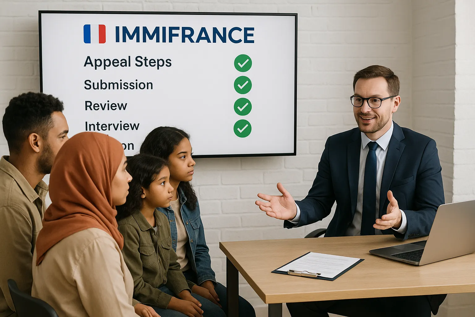 Illustration showing a diverse group of migrants sitting with an immigration lawyer at a desk, while a large screen behind them displays the ImmiFrance dashboard with green check marks indicating successful appeal steps.