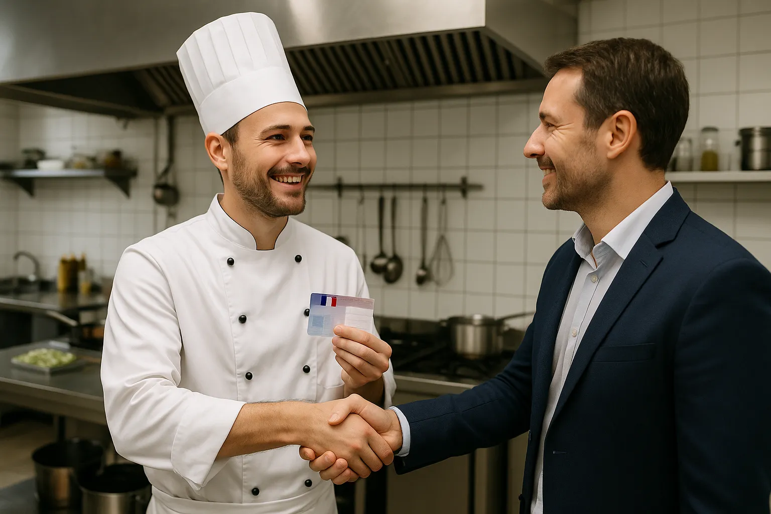 Smiling cook shaking hands with his restaurant manager inside a bistro kitchen after receiving his French residence permit; the card is partially visible in his hand, displaying the tricolor flag.