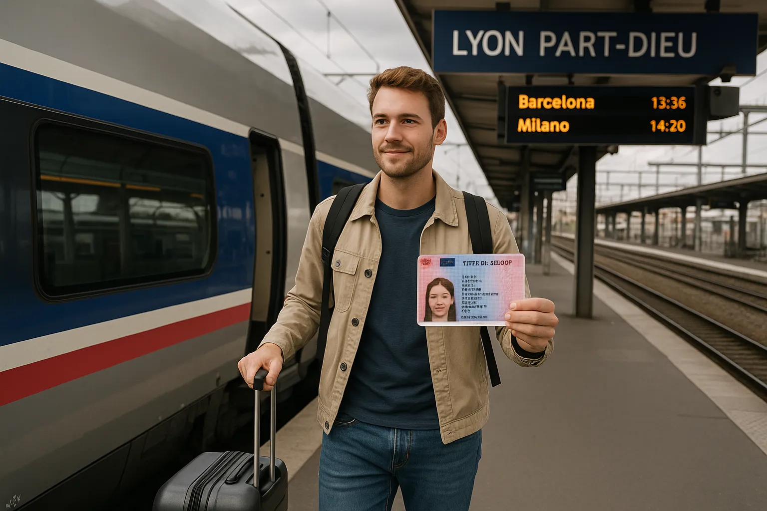 A casually dressed traveler steps off a high-speed train at Lyon Part-Dieu station, holding a French residence permit in one hand and a small cabin suitcase in the other. Overhead signs display departures to Barcelona and Milan, illustrating seamless Schengen rail travel.