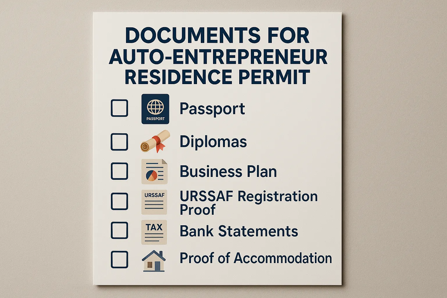 A clean infographic-style checklist titled “Documents for Auto-Entrepreneur Residence Permit” showing icons for passport, diplomas, business plan, URSSAF registration proof, bank statements, tax declarations, and proof of accommodation.