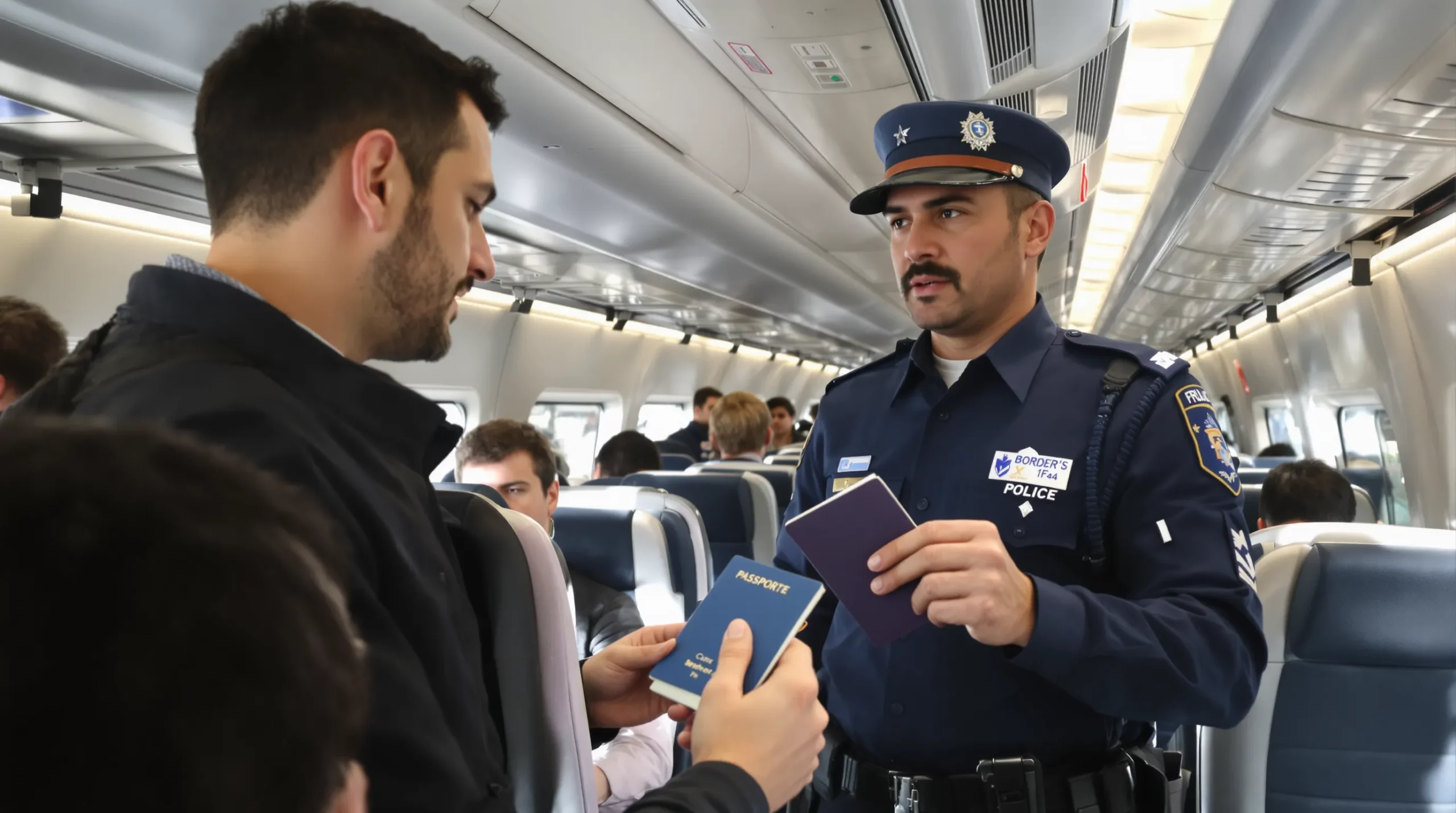 A close-up of a commuter on a French TGV train holding a passport and a blue carte de séjour while a uniformed Border Police officer verifies documents in the aisle. The scene conveys routine identity checks inside France’s transport network in 2025.