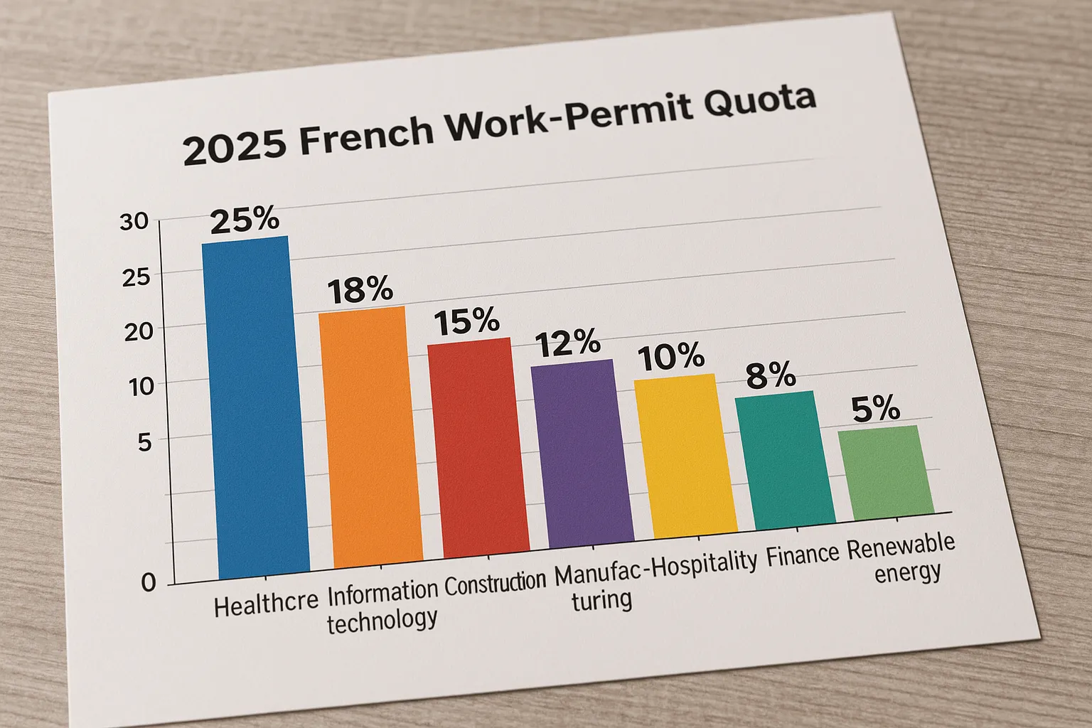 A colourful bar chart showing the 2025 French work-permit quota distribution across eight sectors, with health care leading at 25 percent and renewable energy at 5 percent.