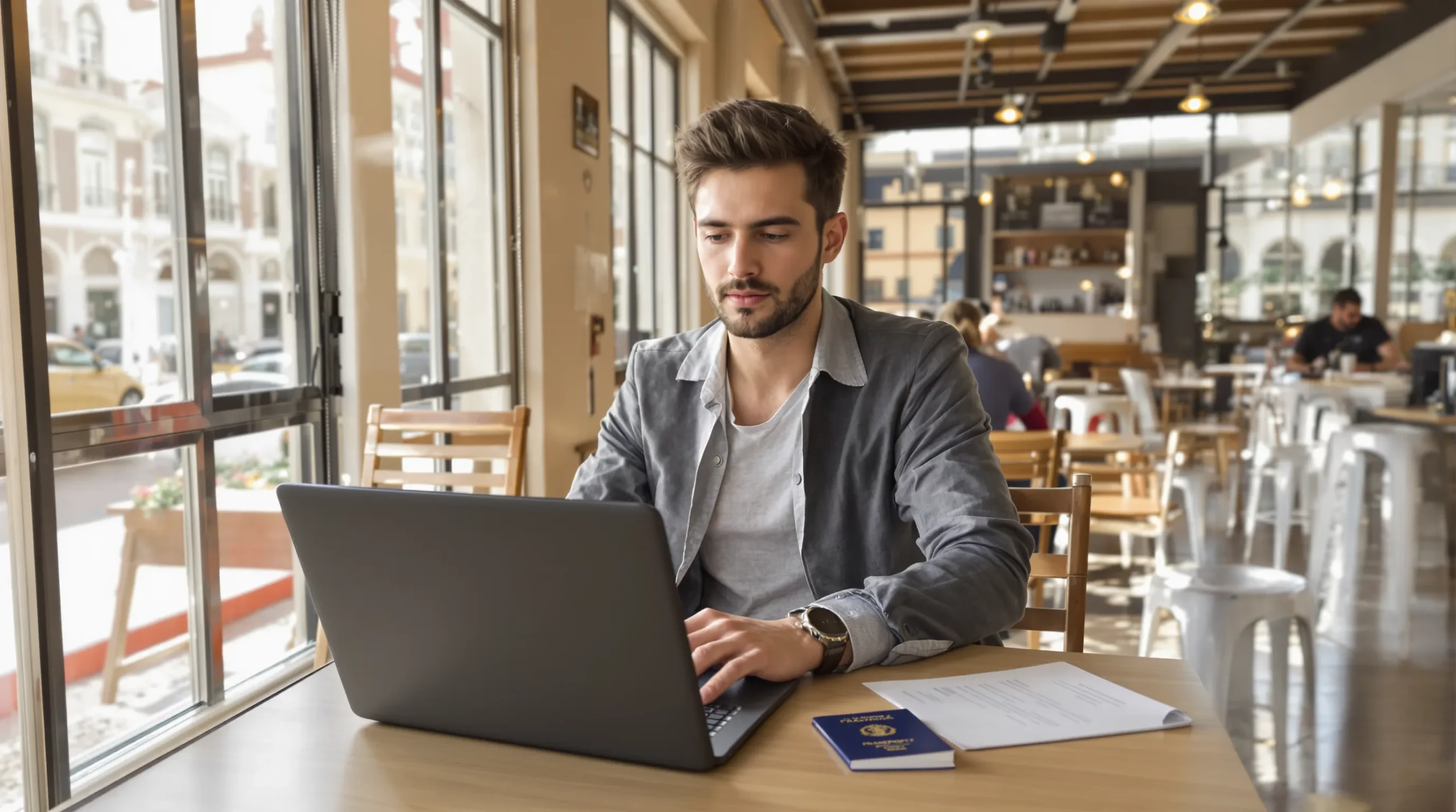 A confident young professional consults a laptop in a café overlooking Lisbon’s Praça do Comércio, with a French residence permit and passport on the table, symbolizing stress-free remote work travel within Schengen.