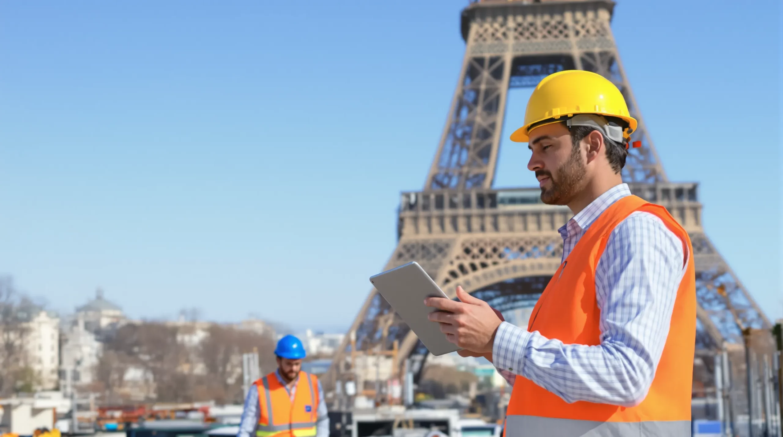 A construction site manager wearing a hard hat reviews a digital checklist on a tablet while two international workers in safety gear stand nearby, with the Eiffel Tower visible in the background to indicate the location in France.