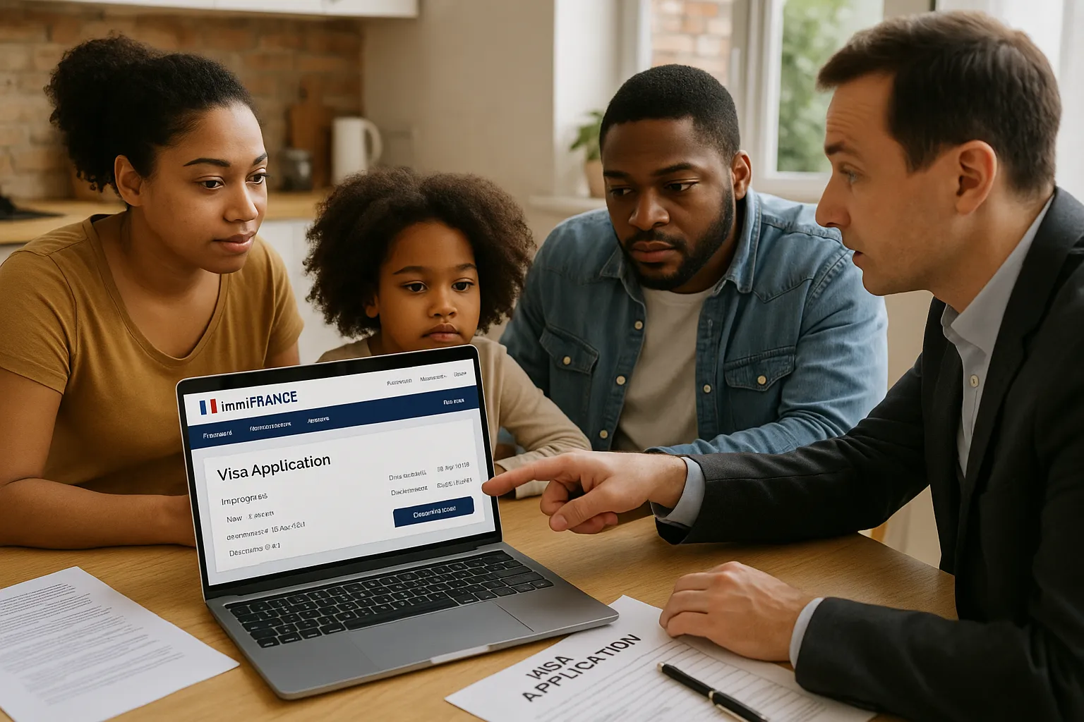 A diverse family sits at a kitchen table completing French visa paperwork with the assistance of a laptop displaying the ImmiFrance dashboard, while a legal advisor points to the screen.