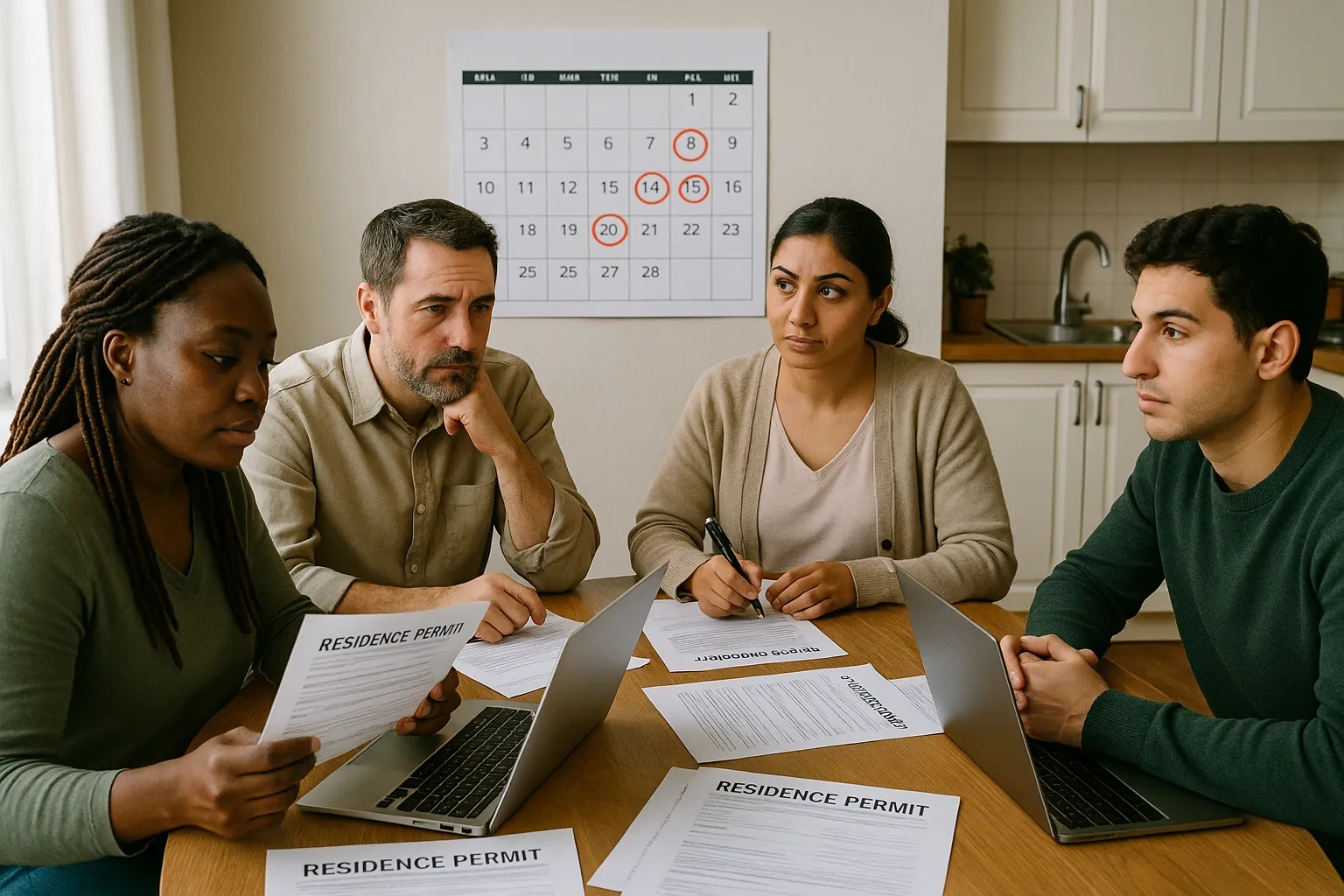 A diverse group of immigrants sit around a kitchen table covered with residence permit forms, laptops, and a large wall calendar where several dates are circled in red, symbolising upcoming prefecture strikes.