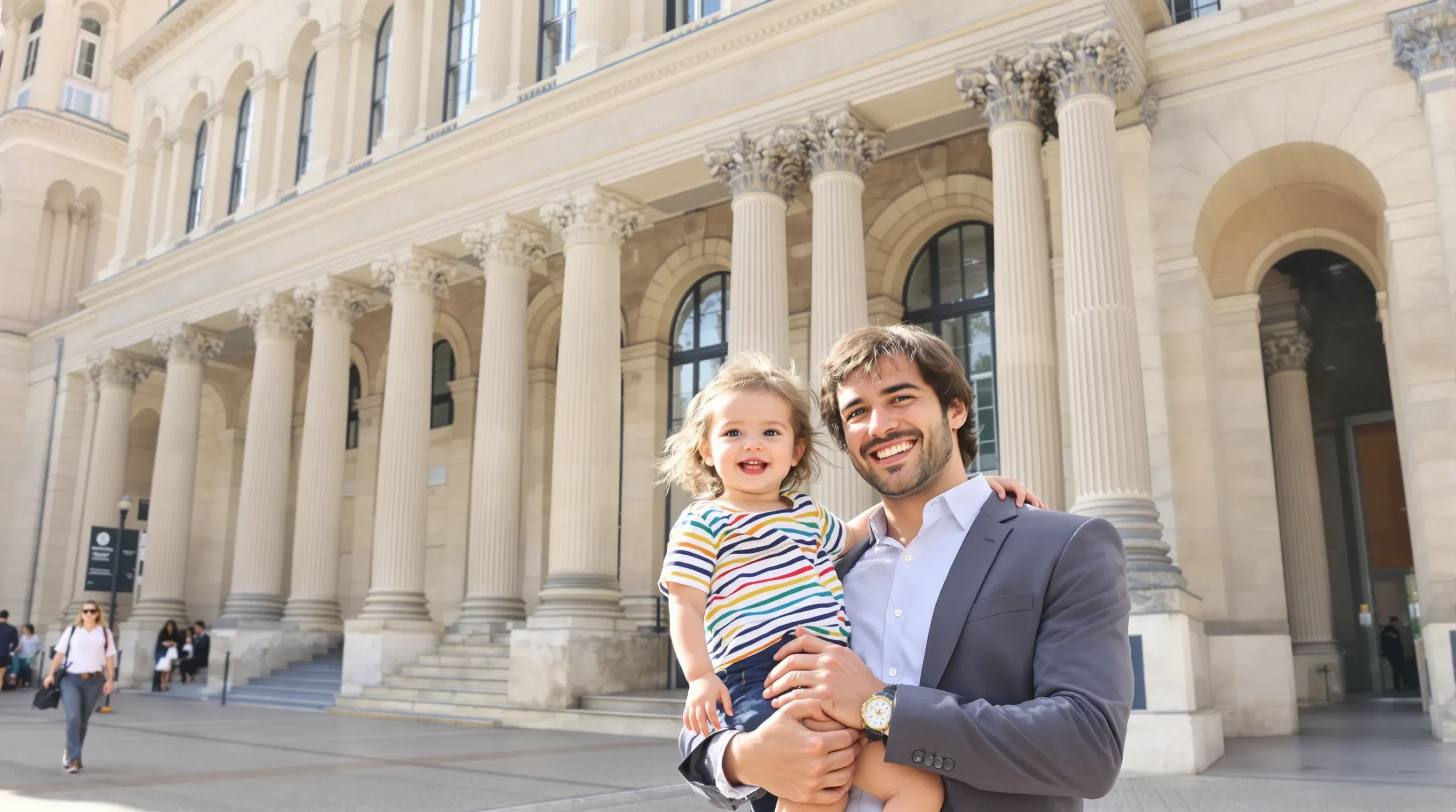 A family of three holding French residence cards smiles in front of the Paris Sorbonne library, symbolising successful status change and family permits.