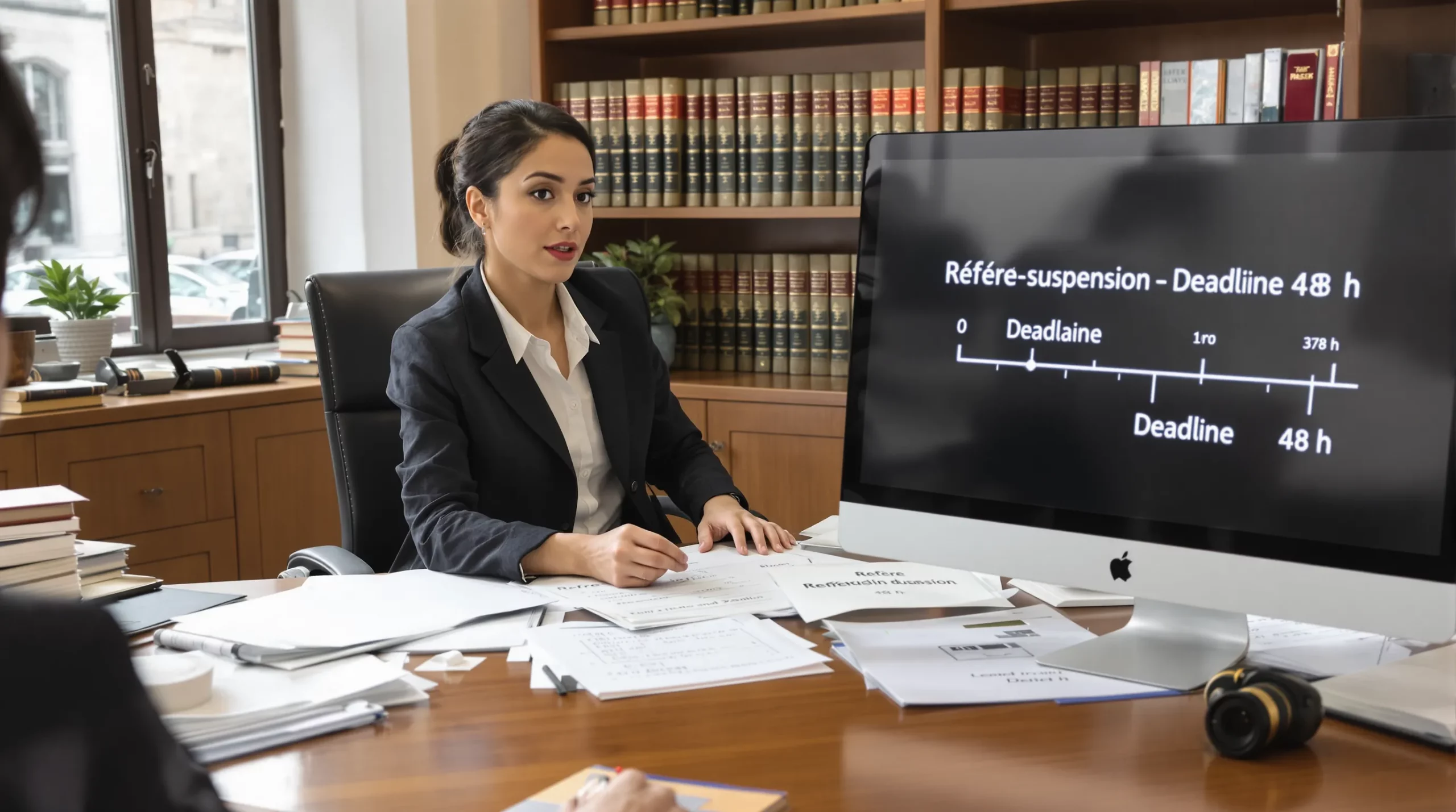 A female French immigration lawyer explains a court file to a client across a desk filled with legal codes and stamped documents; a second screen shows a timeline labeled “Référé-suspension – Deadline 48 h”.