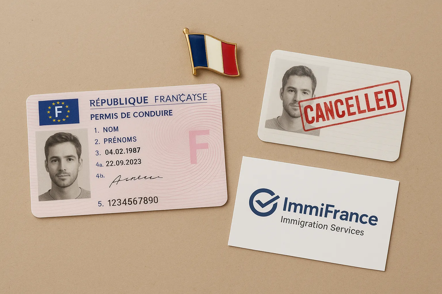 A flat-lay image of a French photocard driver’s license next to a cancelled foreign license, a French flag lapel pin, and an ImmiFrance business card—symbolizing successful exchange.