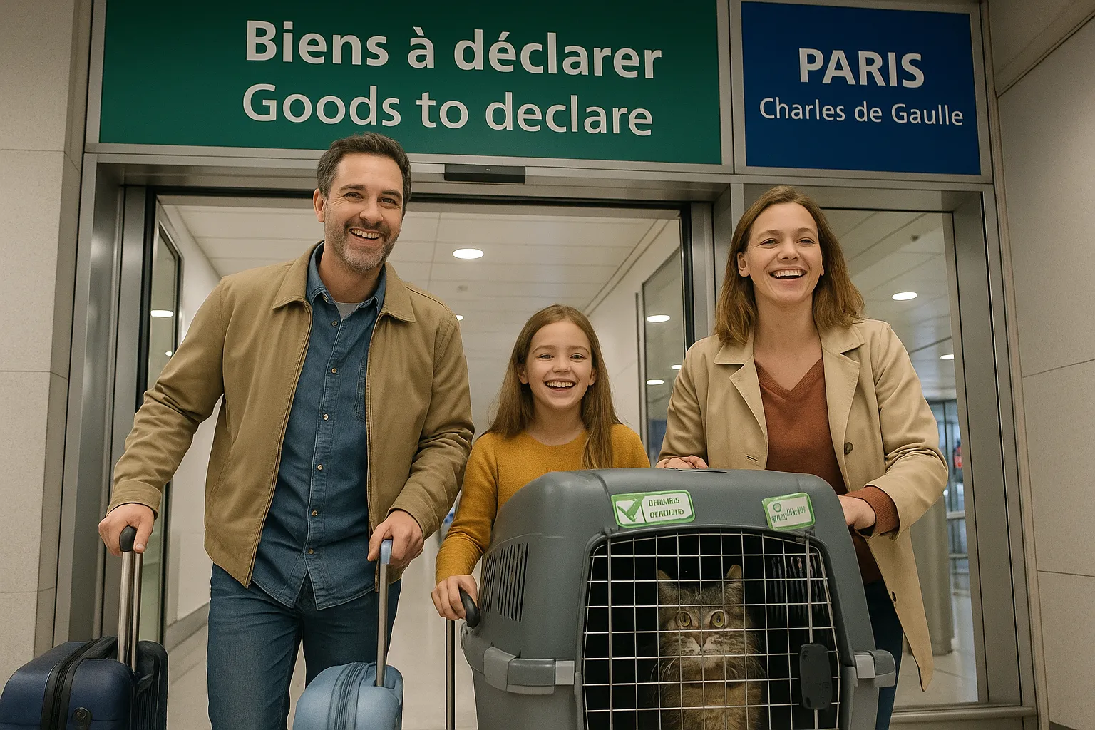 A relieved family exits the “Goods to Declare” lane at Paris Charles-de-Gaulle with suitcases and a large IATA pet crate stamped with green customs clearance stickers.