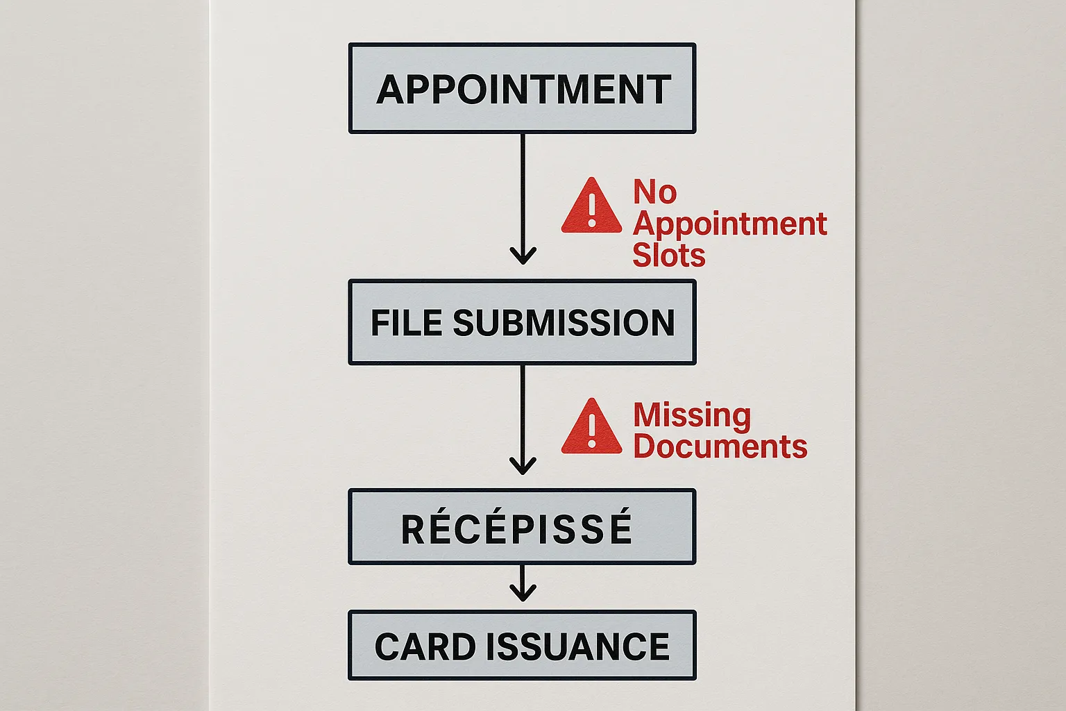 A simple vertical flowchart showing steps: Appointment ➜ File Submission ➜ Récépissé ➜ Card Issuance, with red warning icons next to 'Missing Documents' and 'No Appointment Slots' explaining common pitfalls.