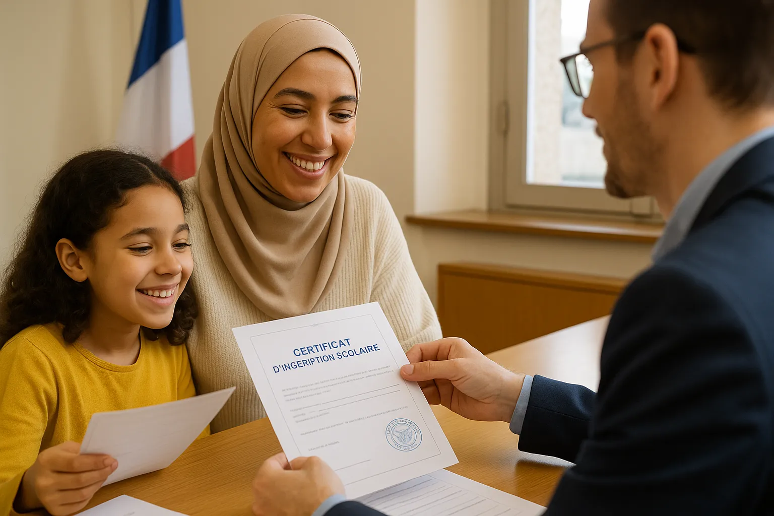 A smiling mother of North African origin reviews school enrollment papers with her 8-year-old daughter at a French mairie counter; the clerk hands them a stamped enrollment certificate and tricolour flag is visible in the background.