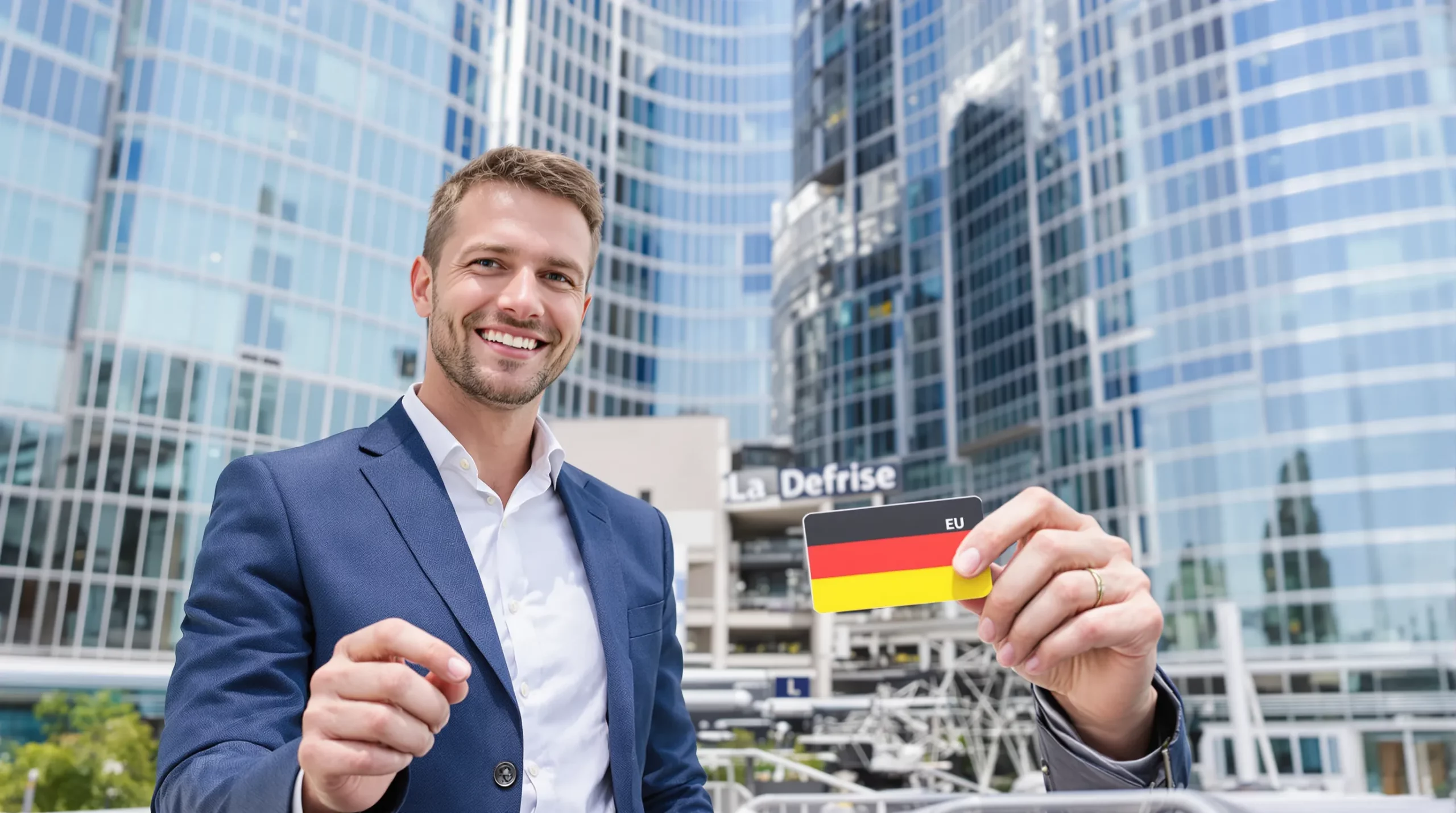A smiling professional holding a German Long-Term EU Residence Card stands in front of Paris’s La Défense business district, suitcase at his side, symbolising intra-EU mobility for skilled workers.