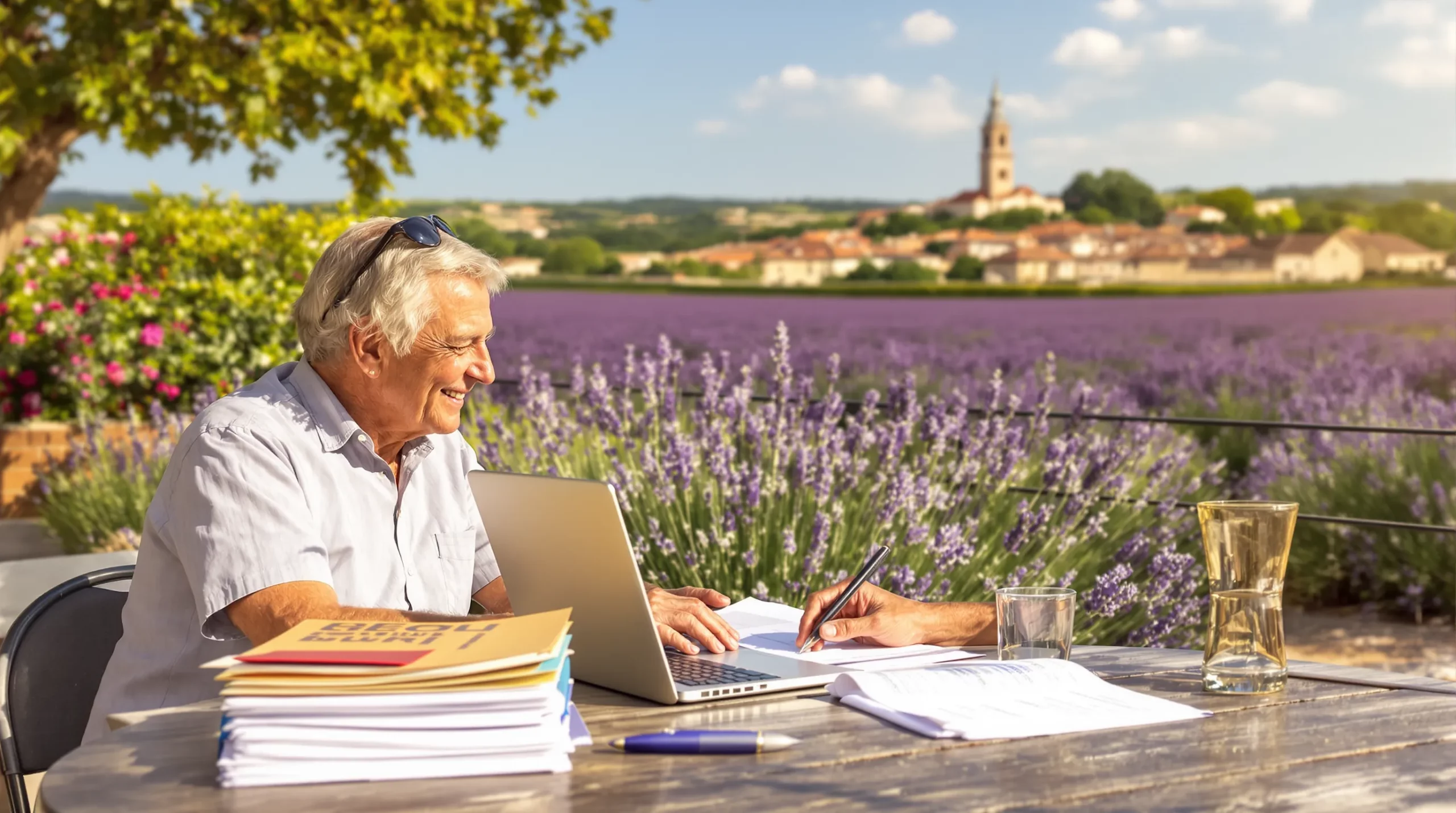 A smiling retired couple sits at a sunny café terrace in Provence, reviewing French administrative documents with a laptop and neatly stacked folders on the table; lavender fields and a village bell tower are visible in the background.