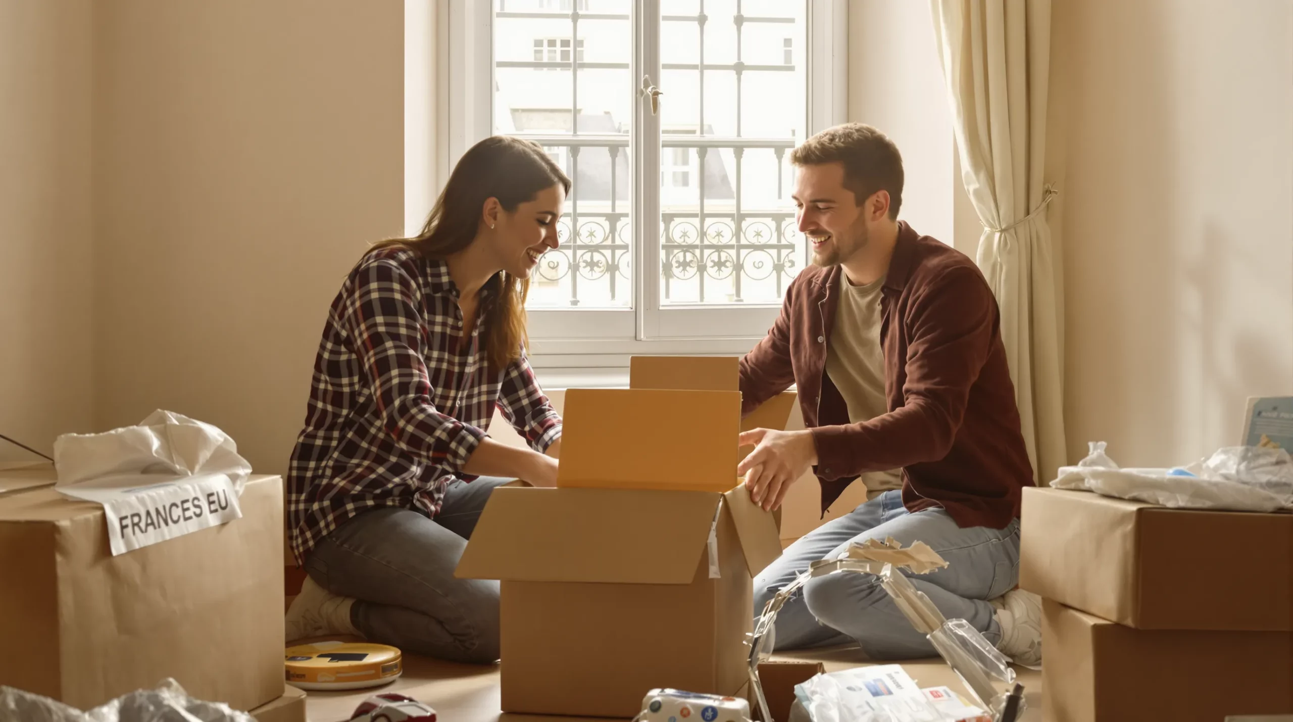 A smiling young couple of non-EU newcomers unpacking moving boxes in a modest Paris apartment, light filtering through a tall window with typical French ironwork, symbolizing the start of their life in France with the help of housing benefits.