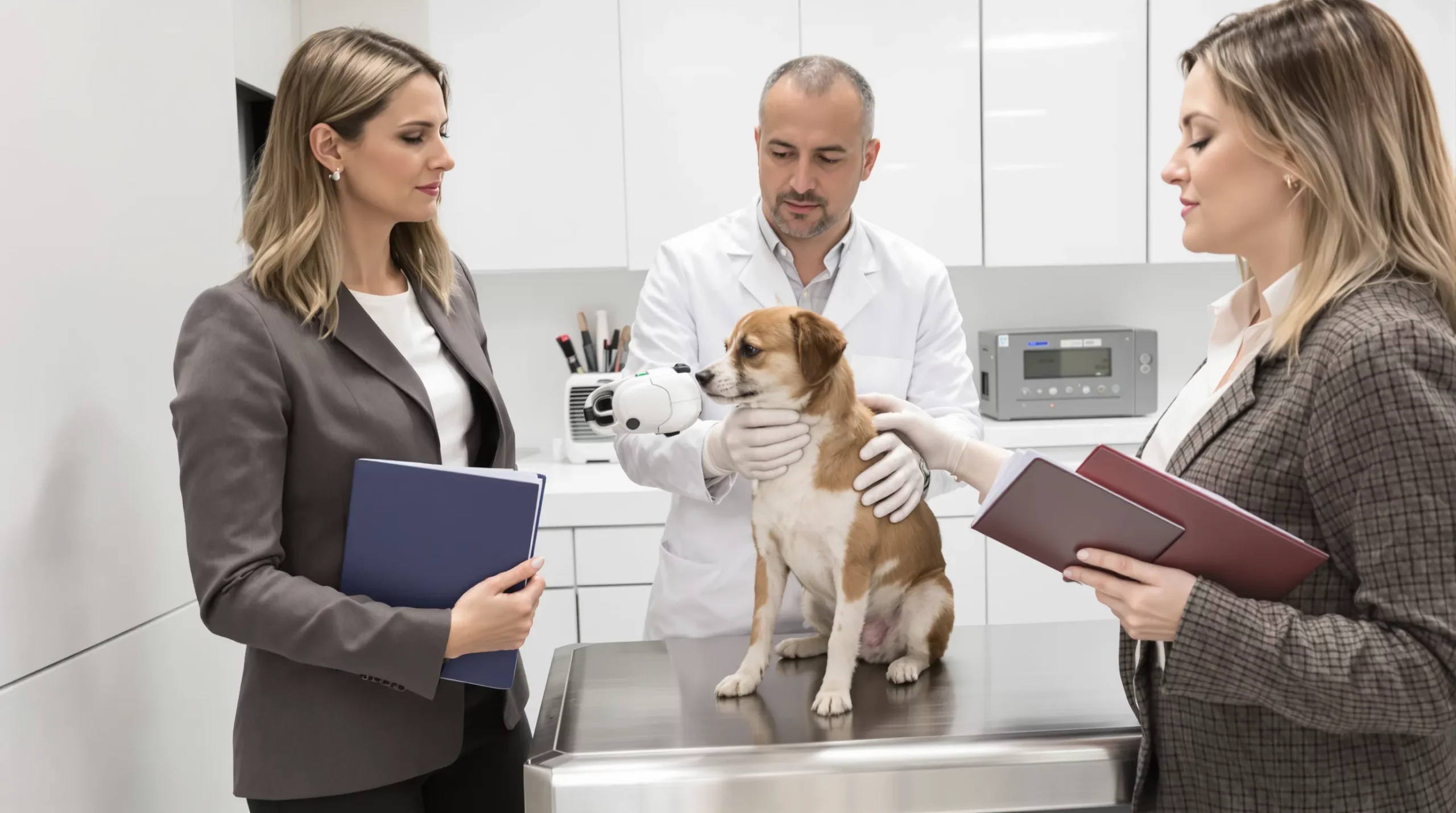 A veterinarian scans a small dog’s shoulder with a microchip reader while the owner, holding a French passport and a folder of pet documents, looks on in a bright modern clinic.