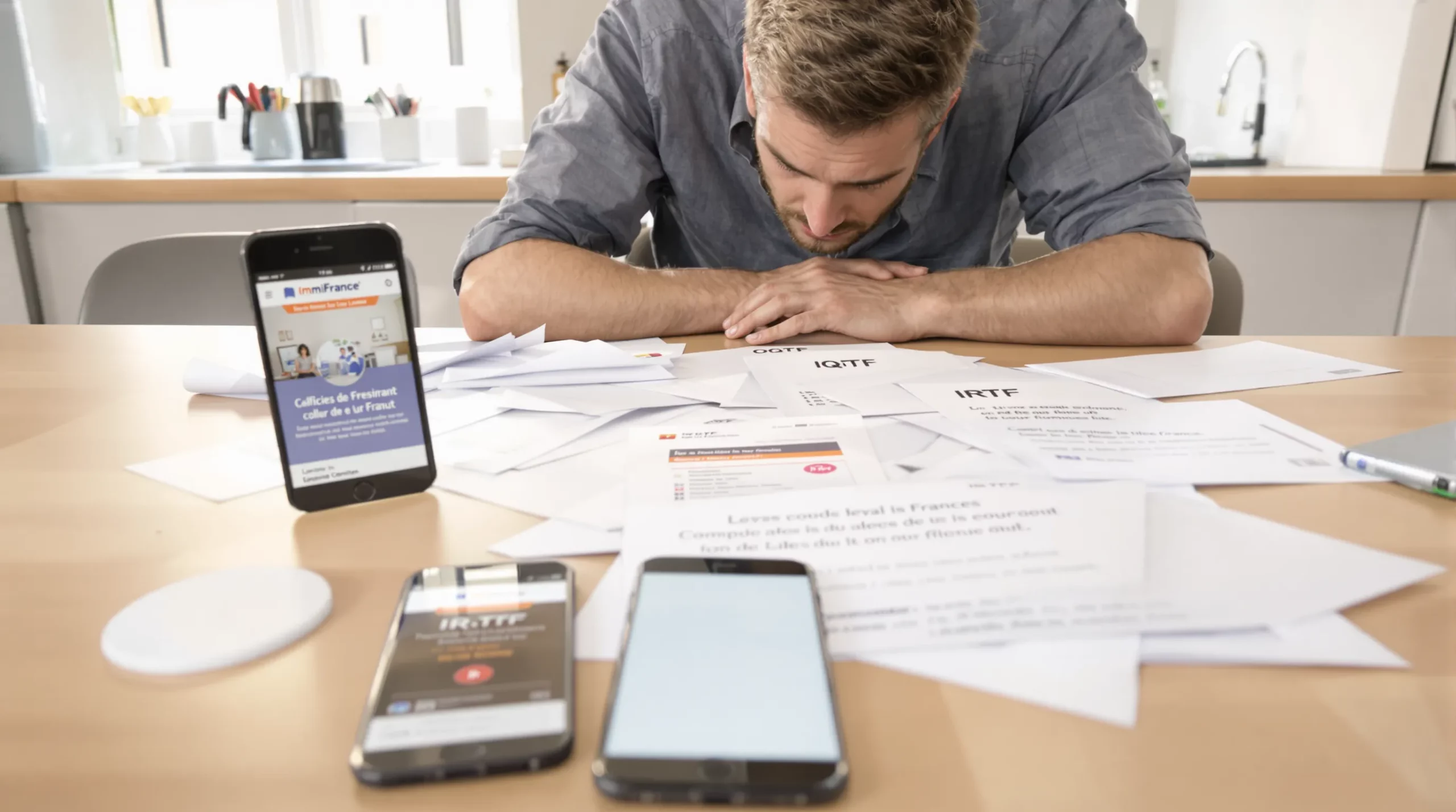 A worried young man sits at a kitchen table covered with official French documents bearing the headings “OQTF” and “IRTF”; his smartphone shows the ImmiFrance website offering legal assistance.