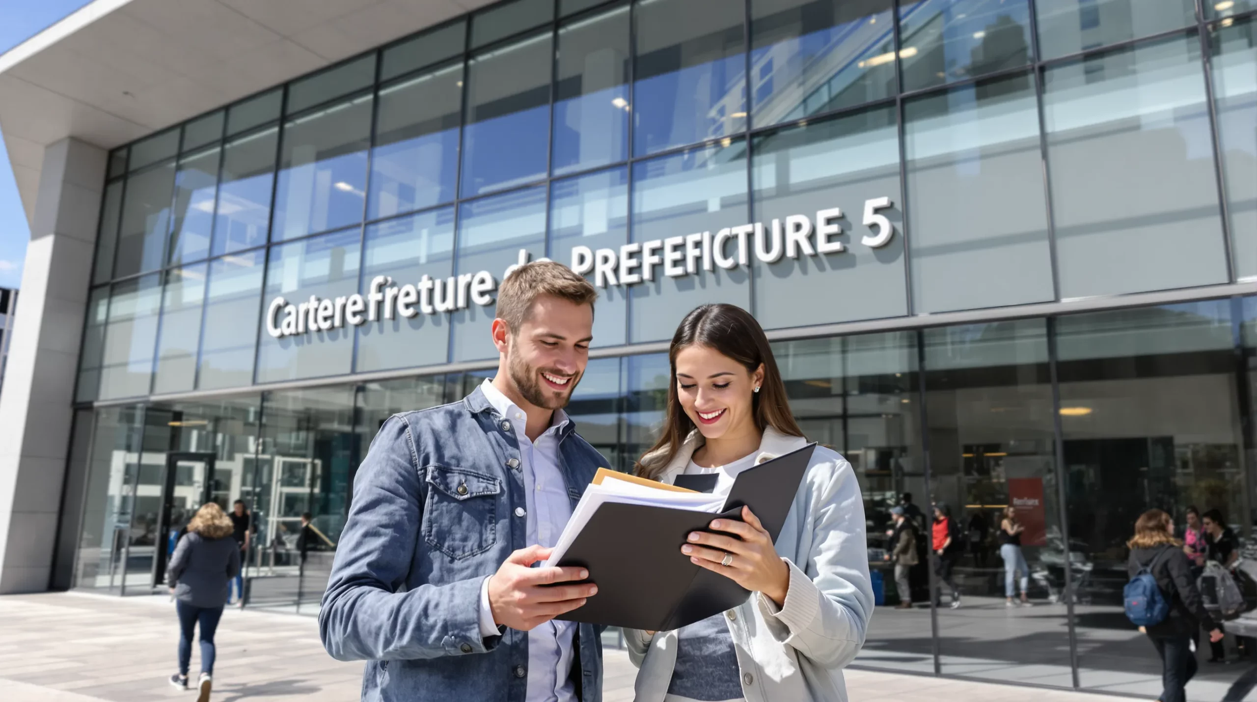 A young couple holding a neatly organized folder of documents stands outside a modern French prefecture building, glass facade reflecting a blue sky. They look relieved as they check a text message confirming their carte de séjour is ready for pickup.