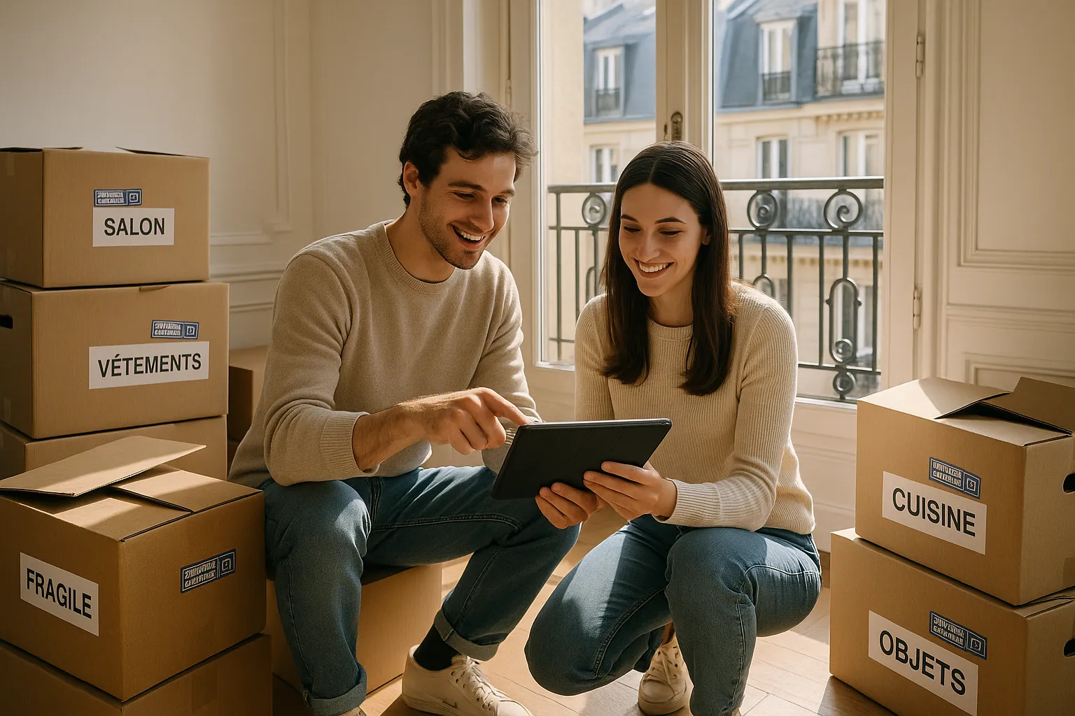 A young couple in a modern French apartment surrounded by open cardboard boxes labeled in French customs stickers, happily checking an inventory list on a tablet while sunlight streams through classic Parisian windows.