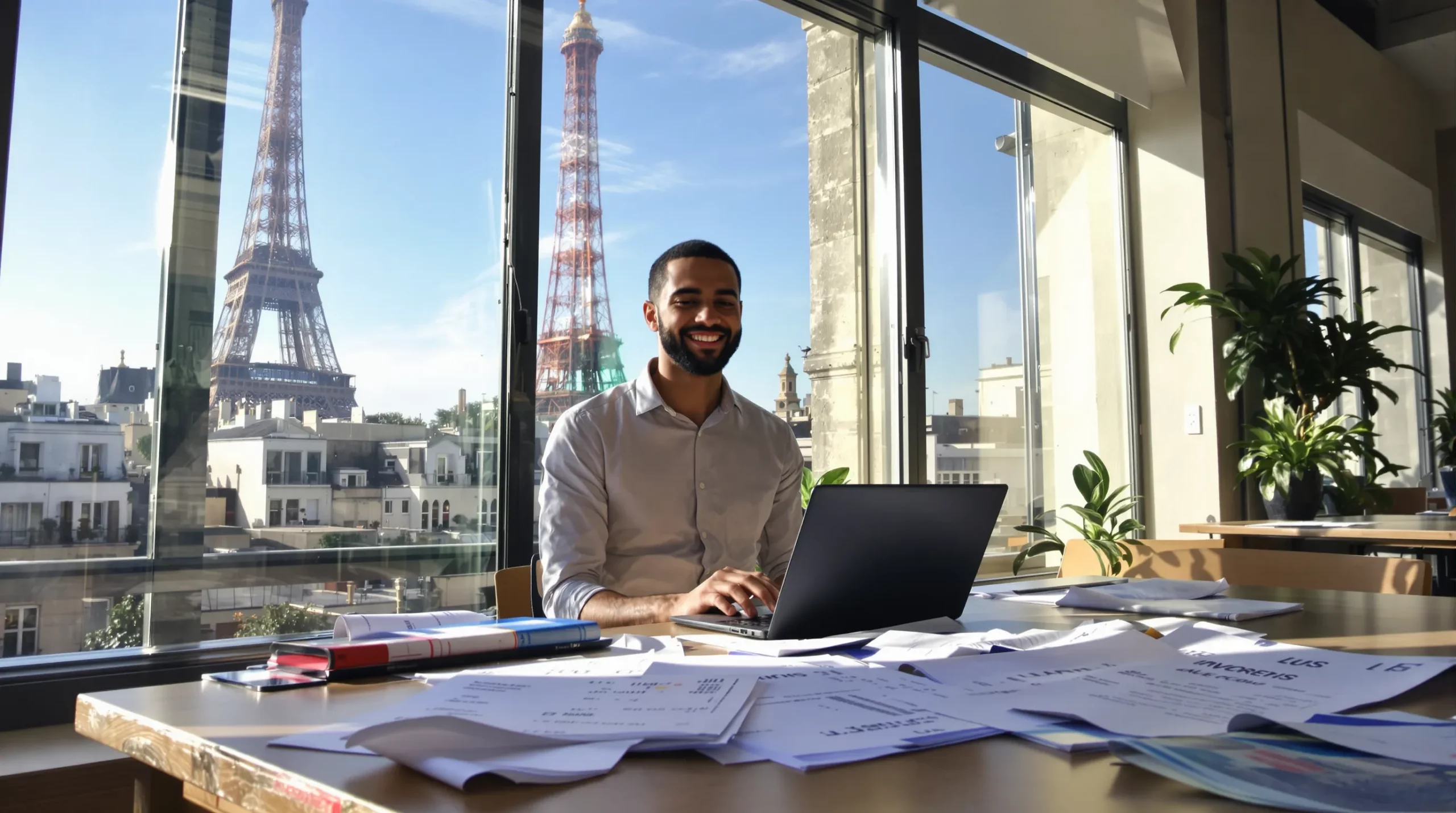 A young graphic designer of North African origin sits in a bright Parisian coworking space with his laptop, invoices and French administrative documents spread out, feeling relieved after receiving approval for his auto-entrepreneur residence permit; Eiffel Tower seen through window.
