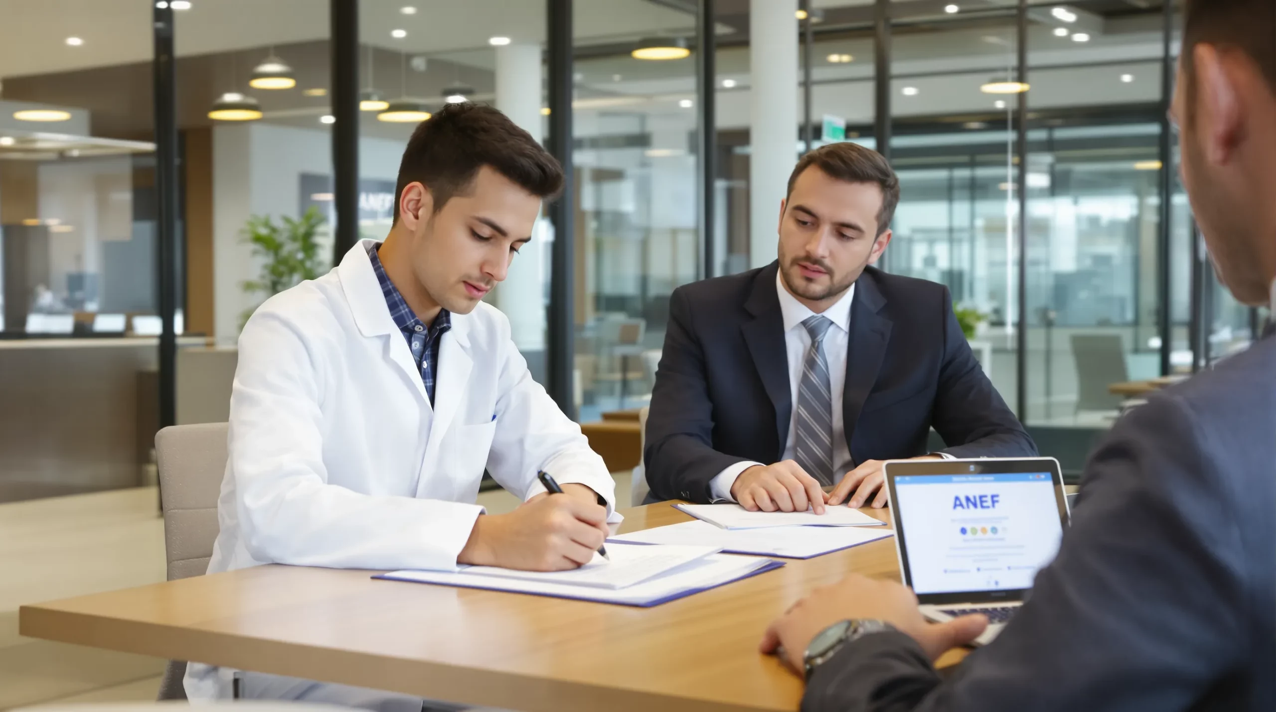 A young international researcher wearing a lab coat signs a hosting agreement across the desk from a university HR officer in a modern French campus office, with a laptop displaying the ANEF portal in the background.