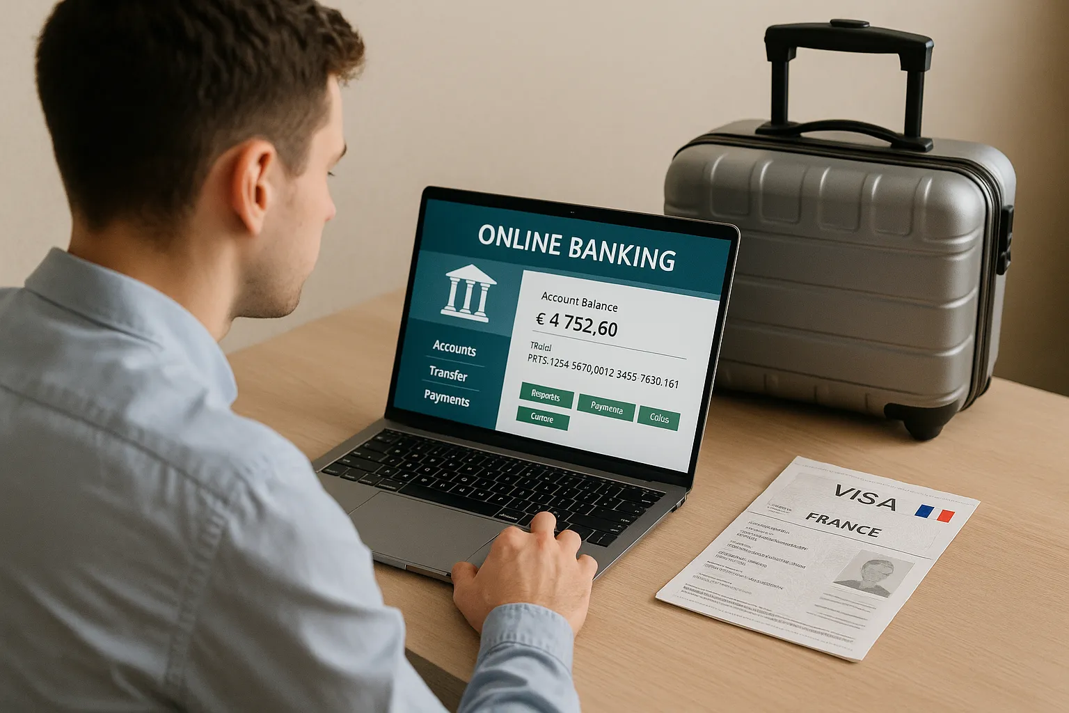 A young professional sits at a desk in front of a laptop showing an online banking interface with a French IBAN, while a suitcase and French visa documents lie beside the computer, illustrating remote account opening before relocating.