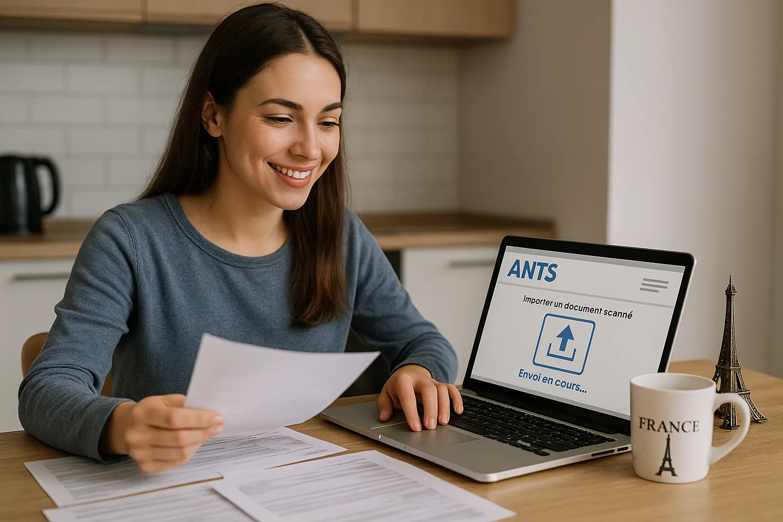 A young woman sits at a kitchen table covered with paperwork, her laptop open to the ANTS website. She smiles while uploading scanned documents, with a French coffee mug and Eiffel Tower miniature in the background, illustrating a calm administrative process.