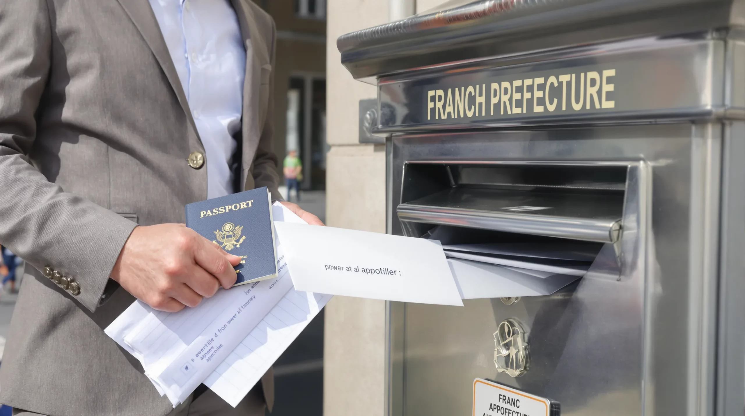An applicant drops a sealed envelope containing an apostilled power of attorney into a mailbox outside a French prefecture, while holding a checklist and passport in the other hand.