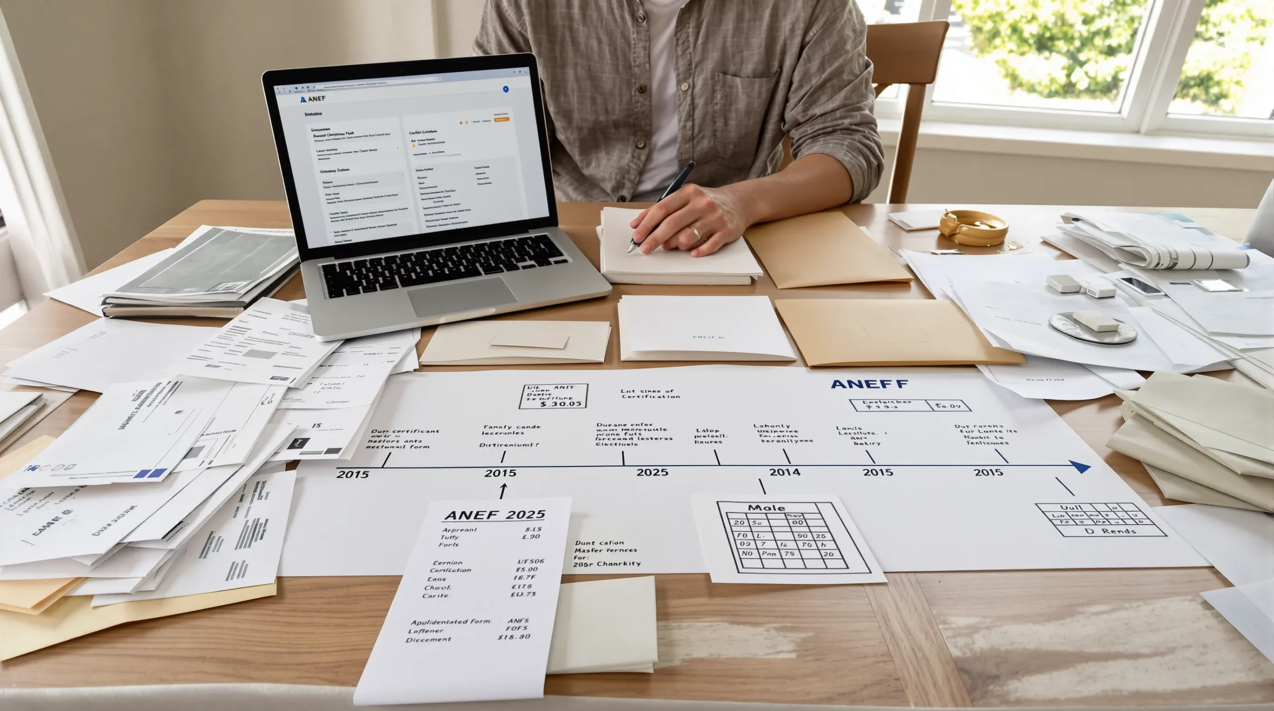 An applicant sits at a kitchen table covered with old utility bills, payslips, school certificates and envelopes, arranging them on a large timeline chart marked 2015 to 2025. A laptop shows the ANEF portal dashboard in the background.
