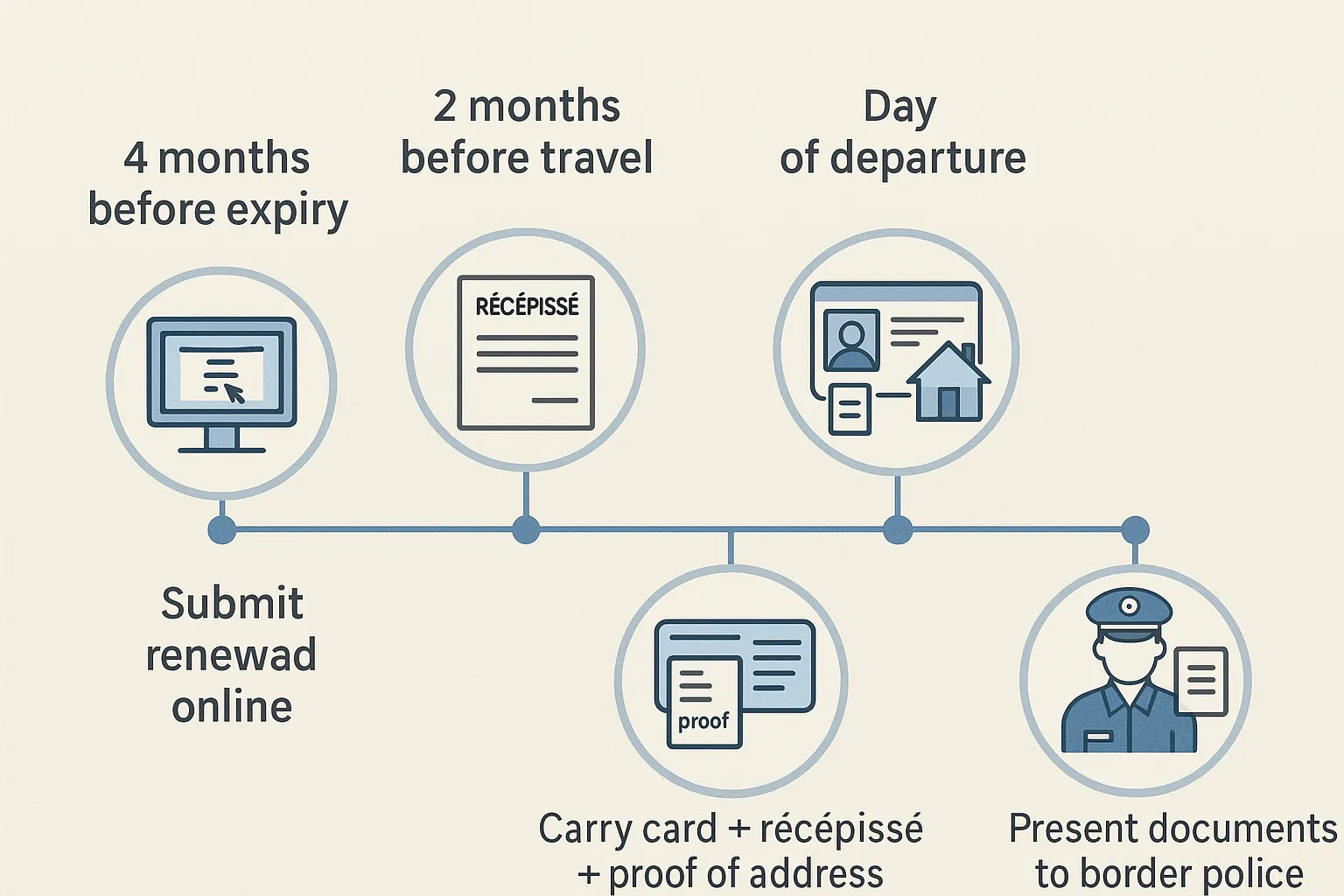 An infographic timeline showing 1) 4 months before expiry: submit renewal online, 2) 2 months before travel: receive récépissé, 3) day of departure: carry card + récépissé + proof of address, 4) airport return: present documents to border police.