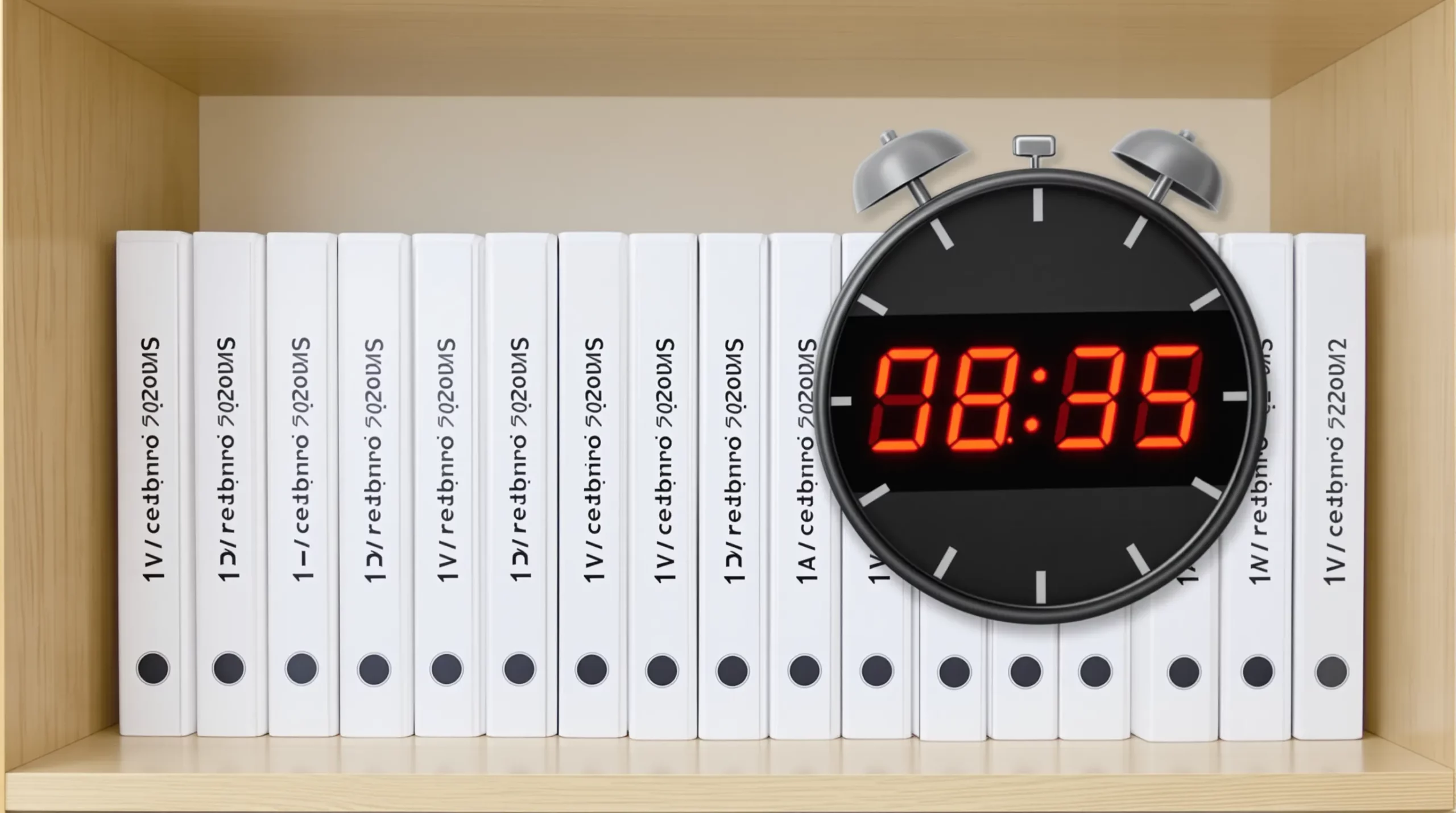 An office shelf filled with neatly labelled binders marked “SIPSI 2025” and “A1 Certificates,” with a digital clock overlay showing a five-year countdown symbolizing document retention requirements.
