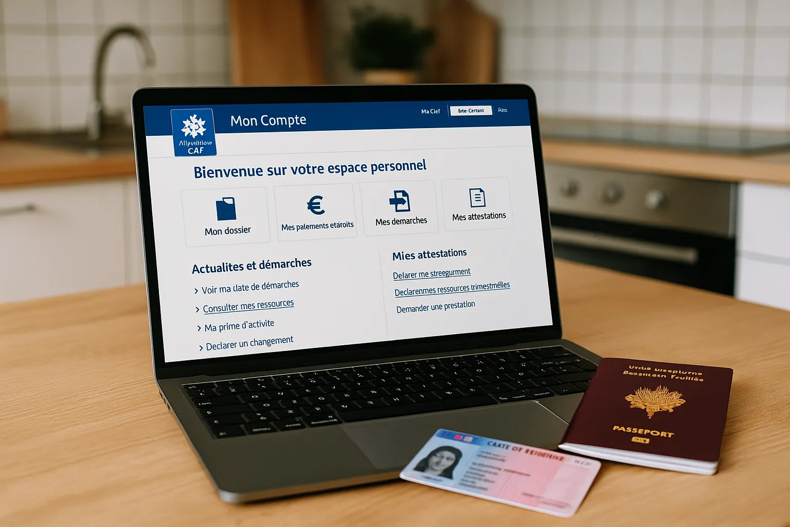 Close-up of a laptop on a kitchen table displaying the CAF account dashboard in French, a passport and residence card lying next to it, illustrating the online nature of the application.